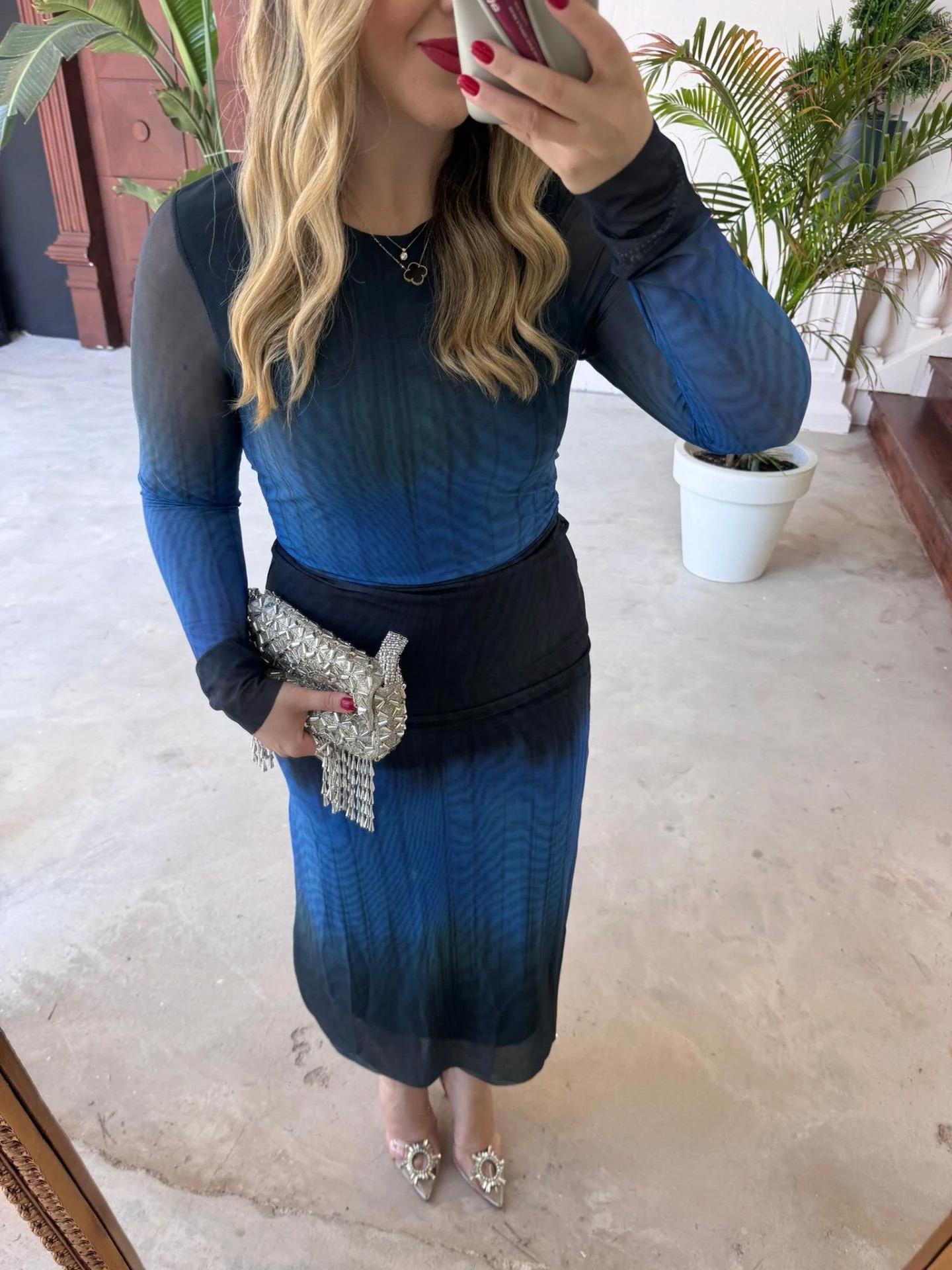 MAVİ EBRULİ DESEN TÜL ELBİSE