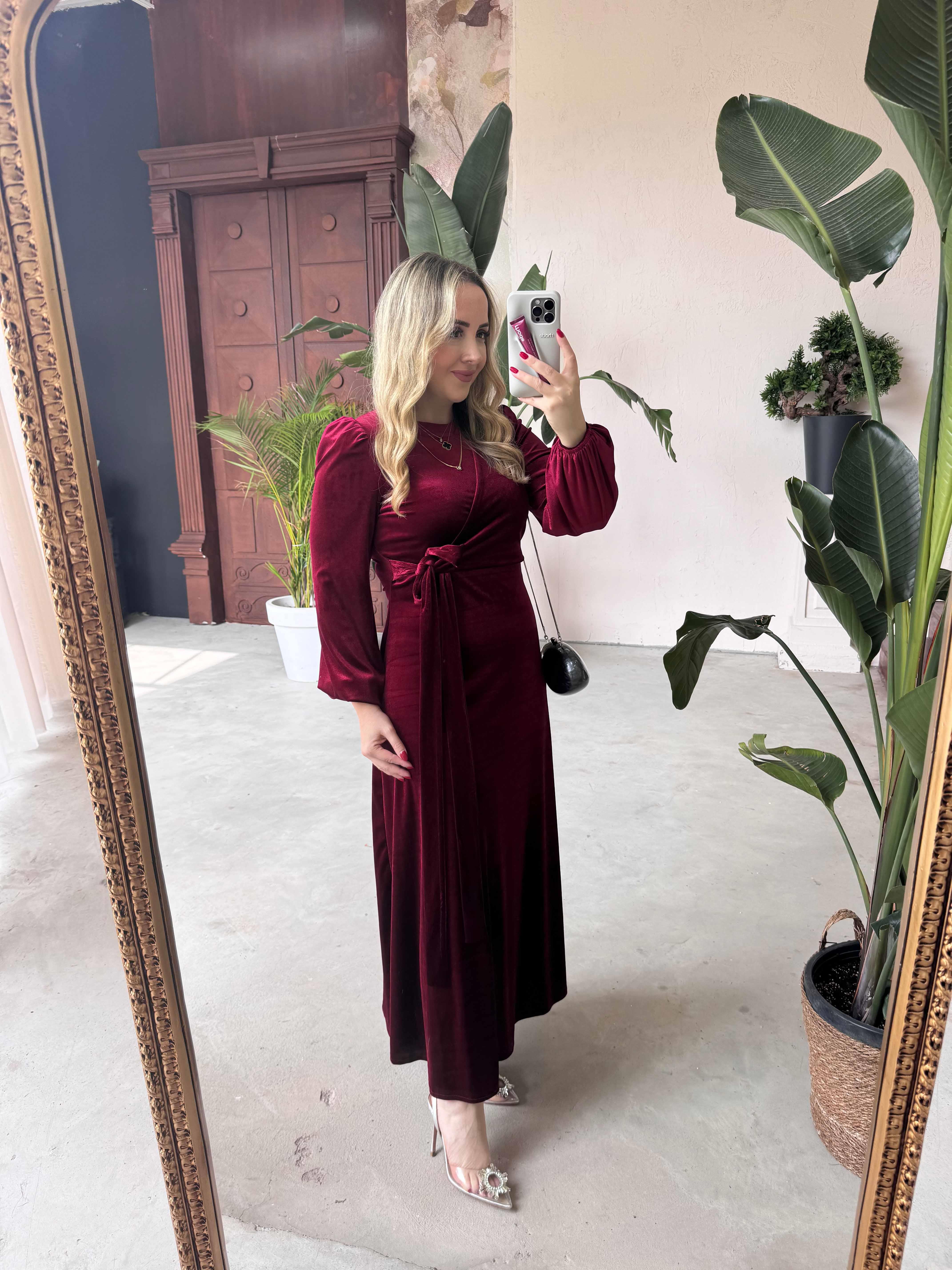 MERLİN TASARIM KADİFE ELBİSE BORDO