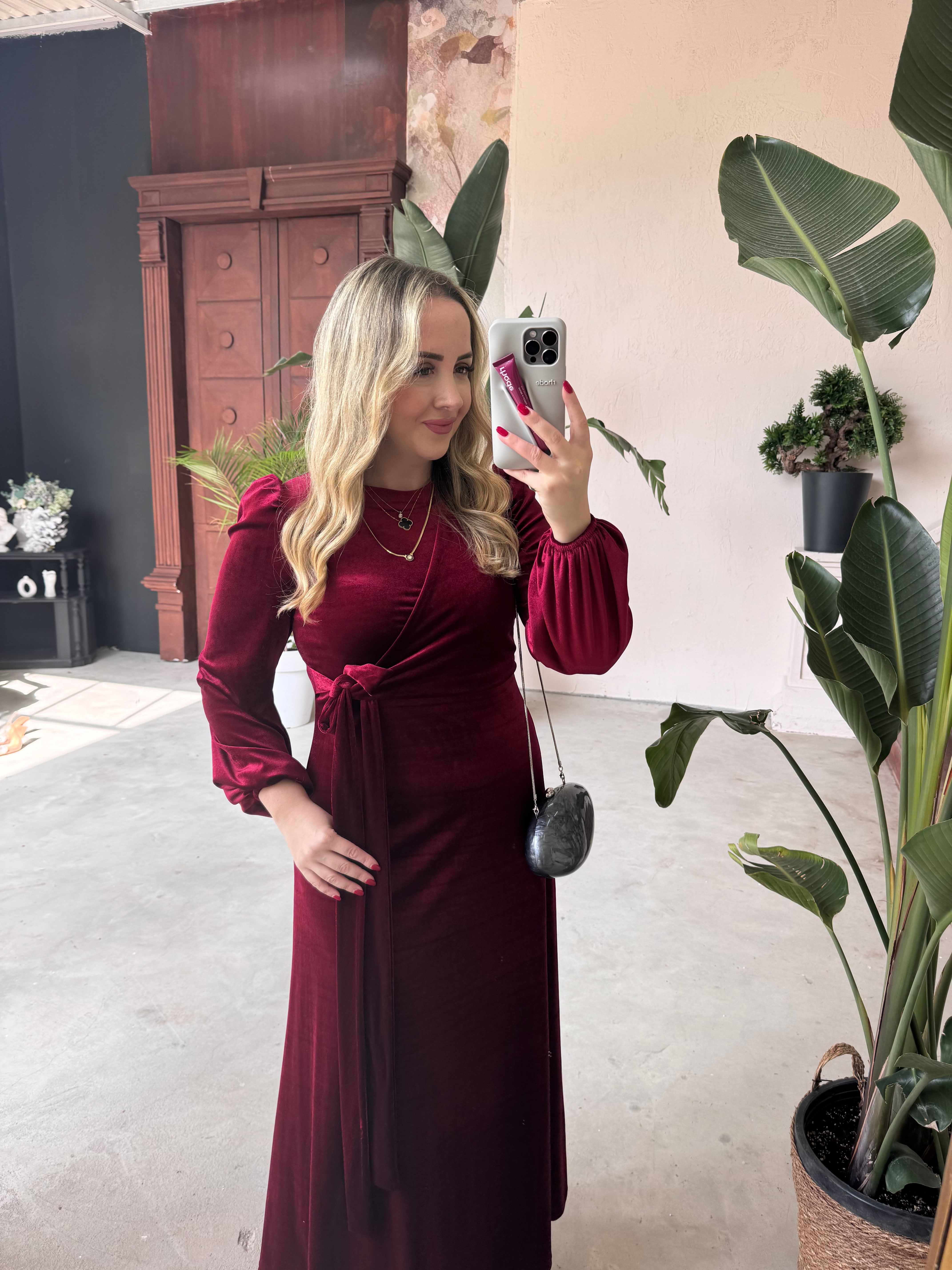 MERLİN TASARIM KADİFE ELBİSE BORDO