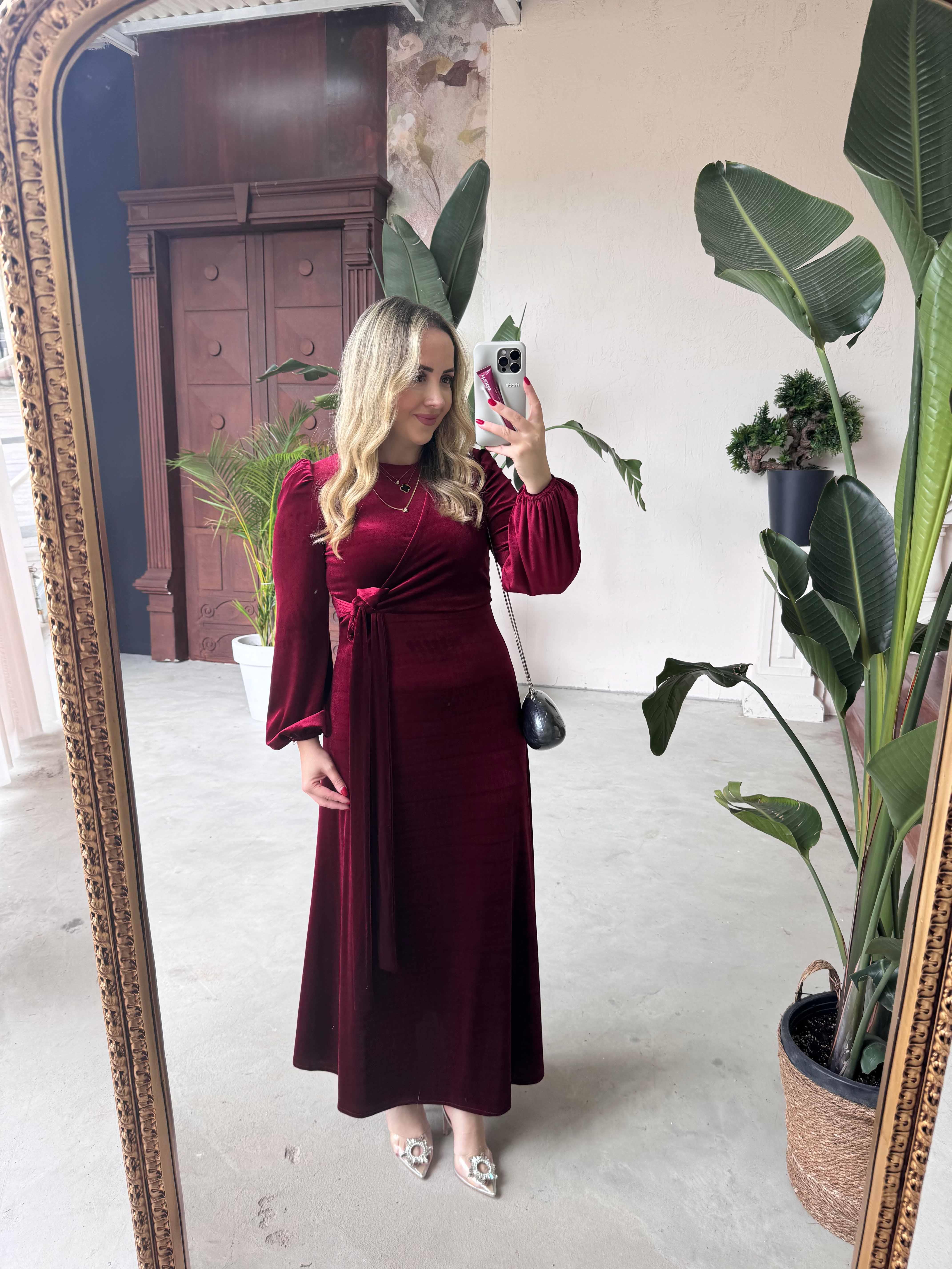 MERLİN TASARIM KADİFE ELBİSE BORDO