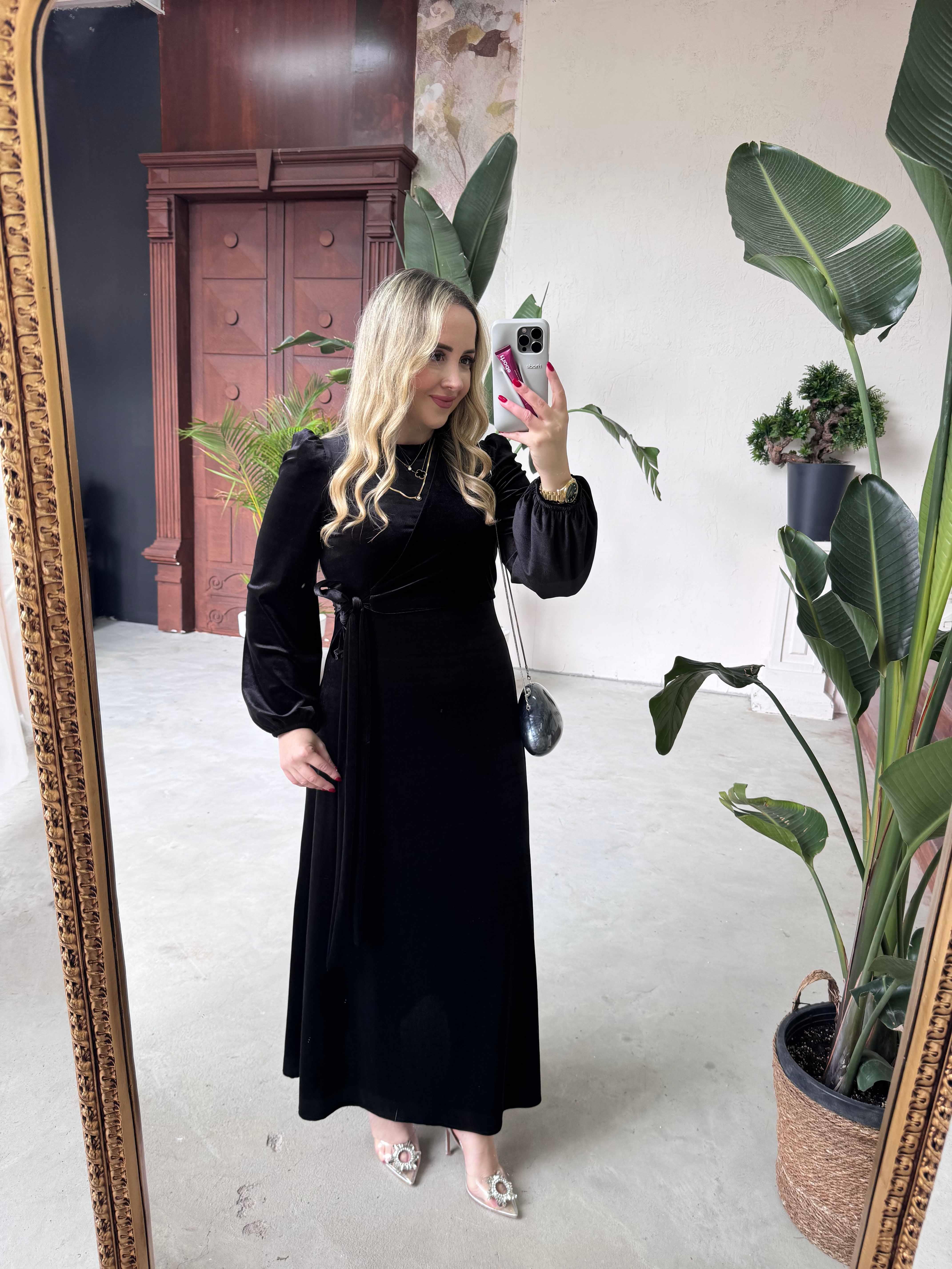 MERLİN TASARIM KADİFE ELBİSE SİYAH