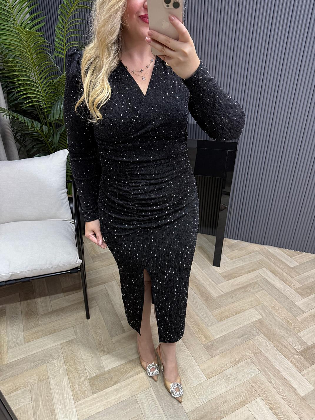 Milly Vatkalı Drapeli Özel Kumaş Taşlı Elbise Siyah