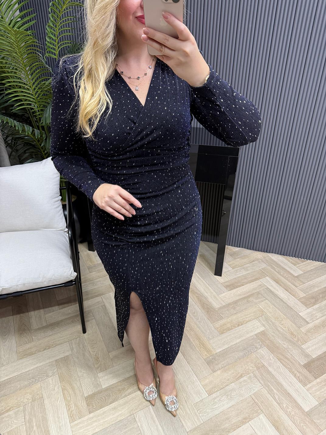 Milly Vatkalı Drapeli Özel Kumaş Taşlı Elbise Lacivert