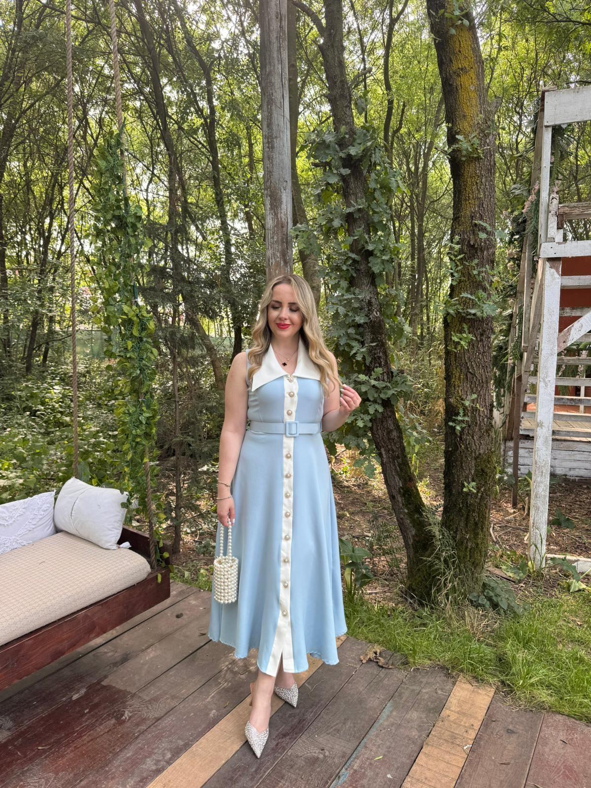 MİRA İNCİ DÜĞMELİ TASARIM ELBİSE BEBEK MAVİ