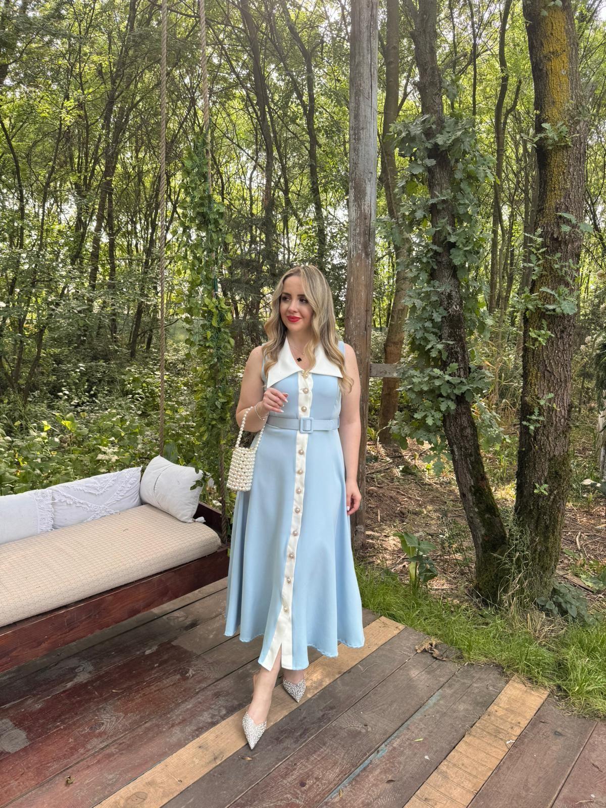 MİRA İNCİ DÜĞMELİ TASARIM ELBİSE BEBEK MAVİ