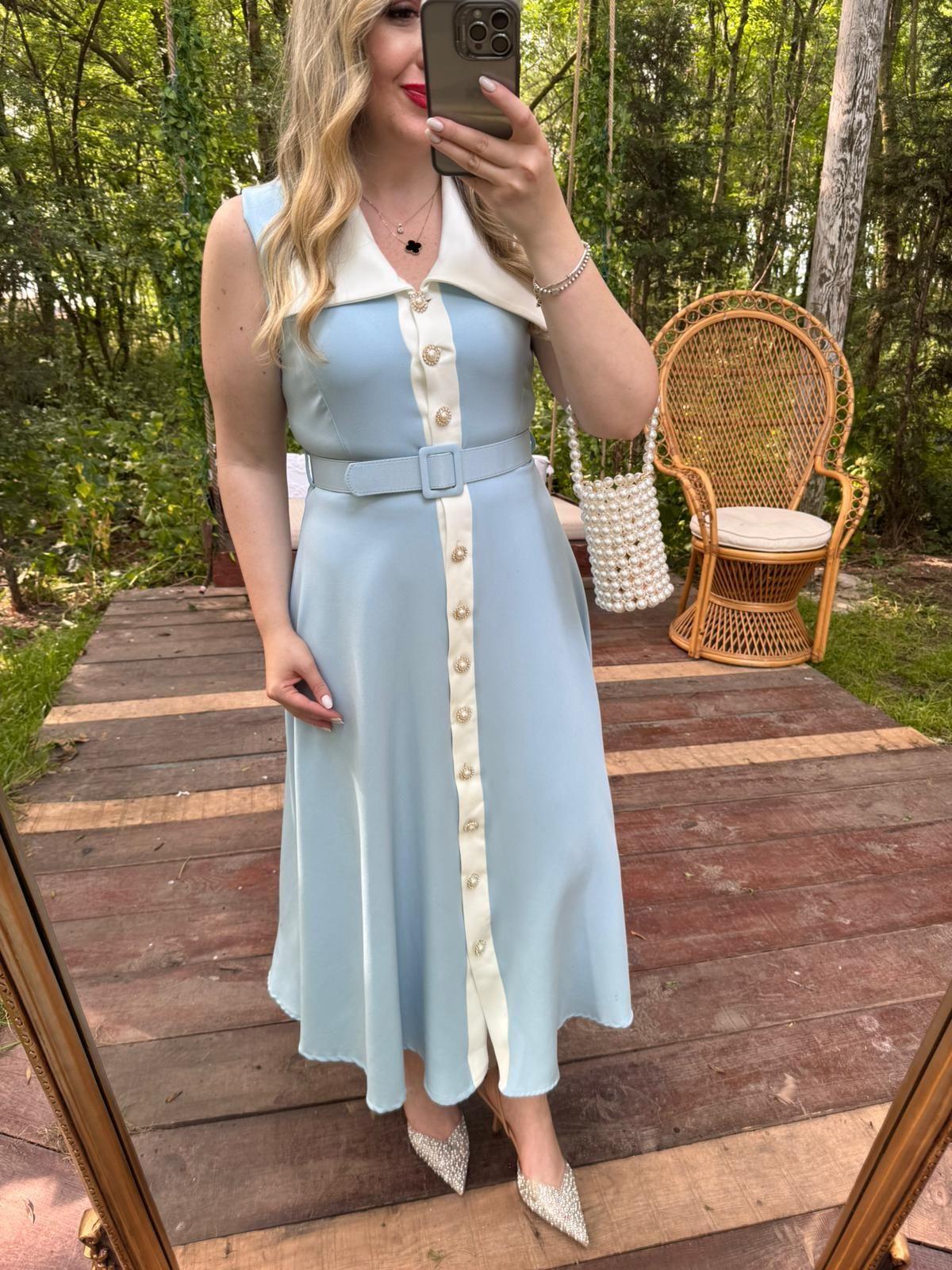 MİRA İNCİ DÜĞMELİ TASARIM ELBİSE BEBEK MAVİ