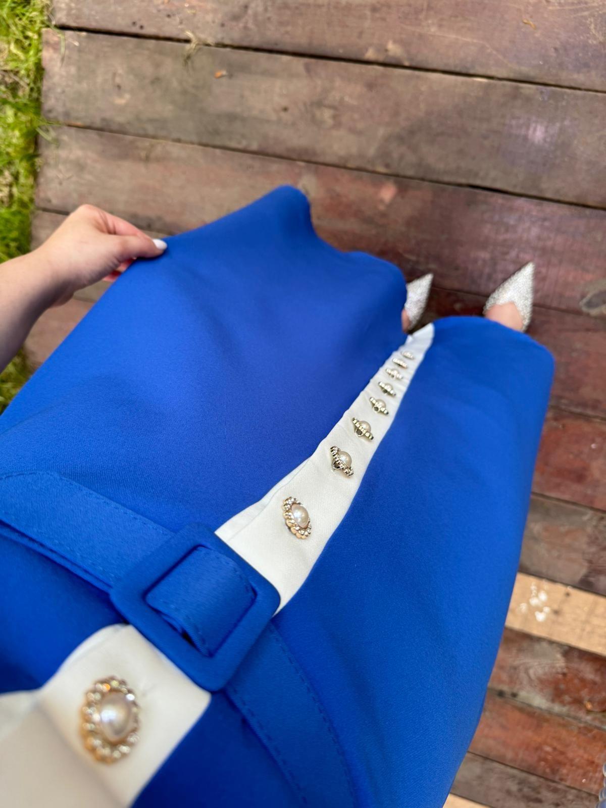 MİRA İNCİ DÜĞMELİ TASARIM ELBİSE SAKS MAVİ