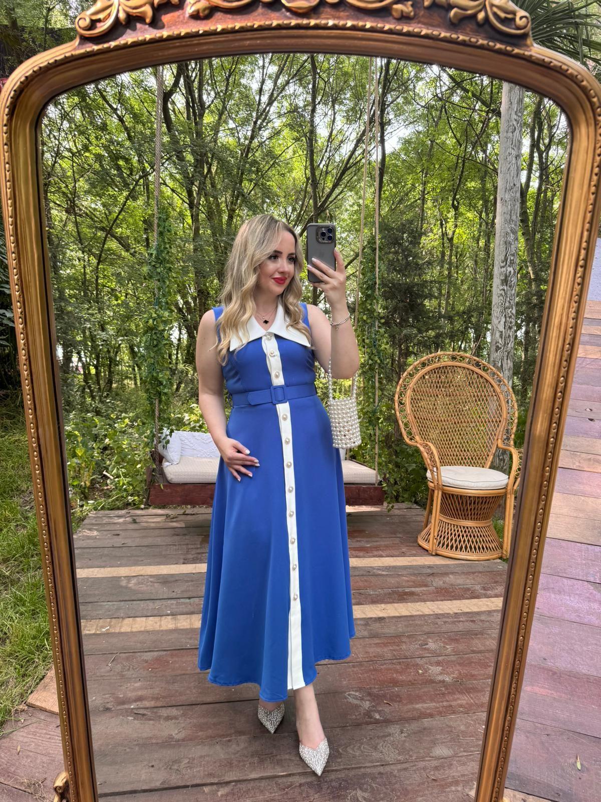 MİRA İNCİ DÜĞMELİ TASARIM ELBİSE SAKS MAVİ