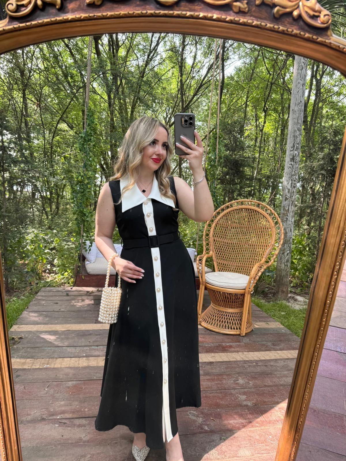 MİRA İNCİ DÜĞMELİ TASARIM ELBİSE SİYAH BEYAZ