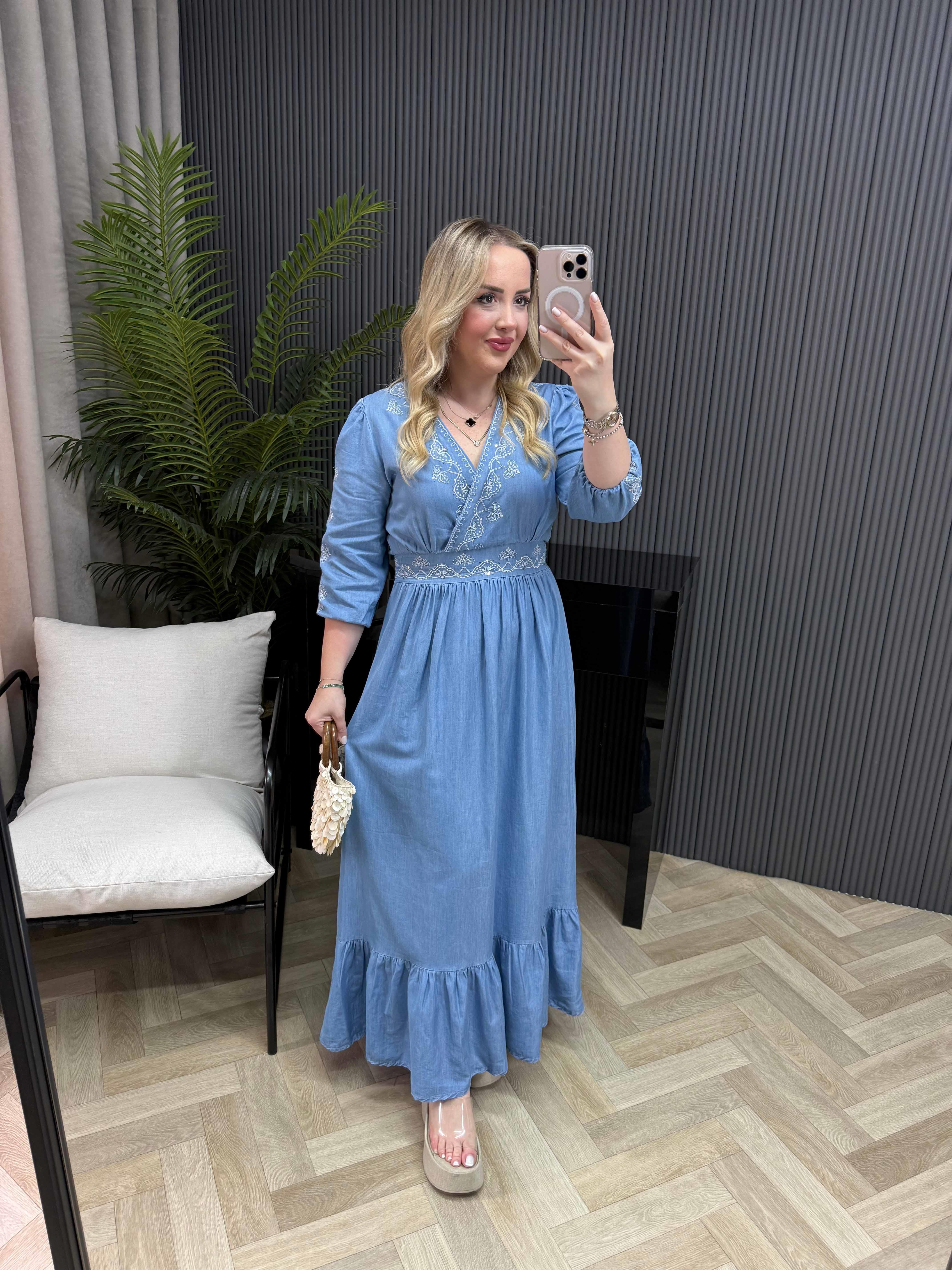 Nakı İşleme Ve Pullu İthal Denim Elbise