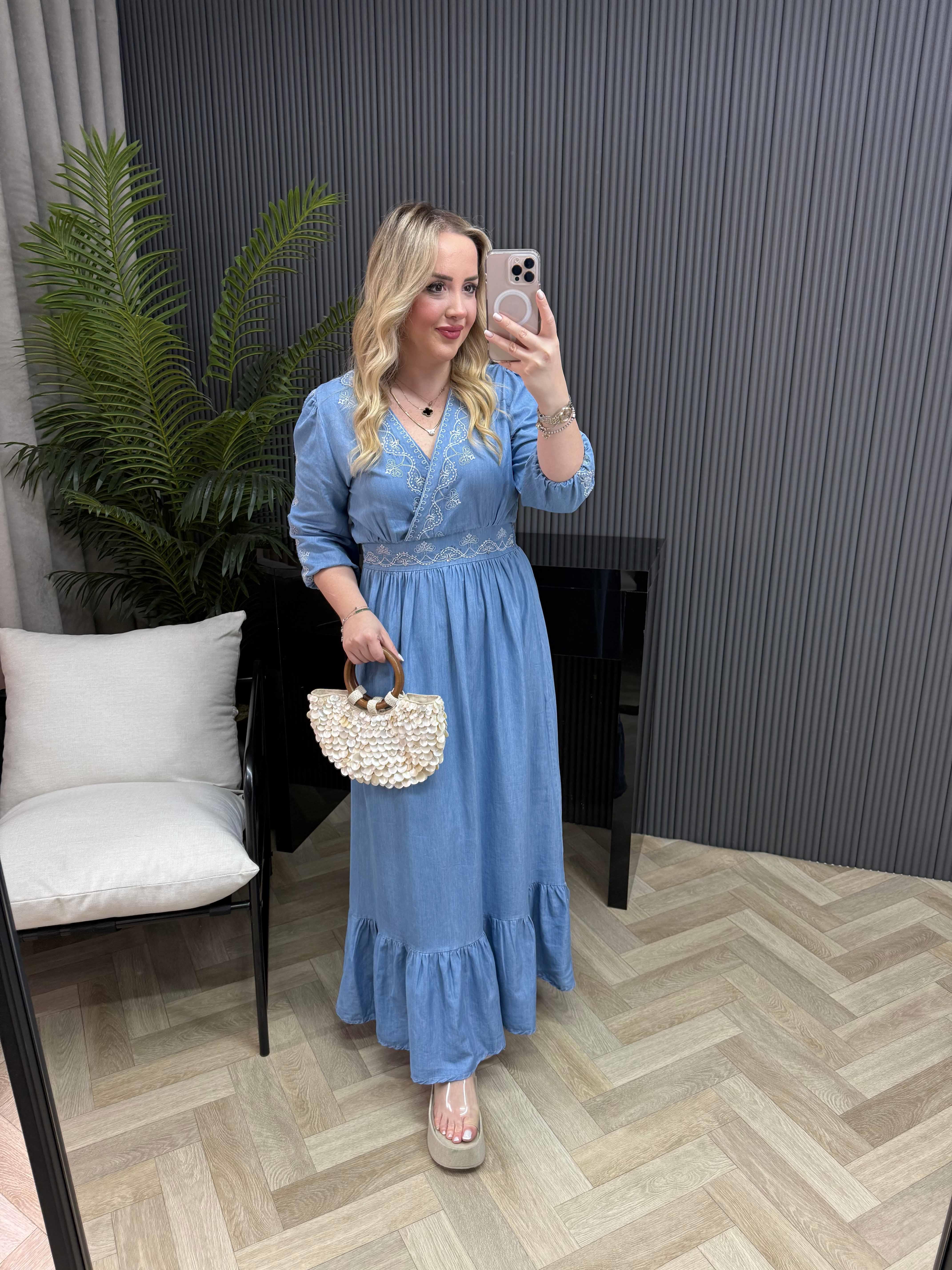 Nakı İşleme Ve Pullu İthal Denim Elbise