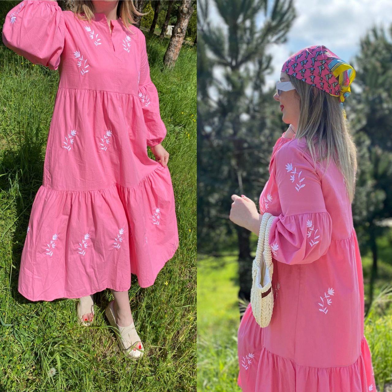 NAKİŞLİ BALON KOL PEMBE ELBİSE