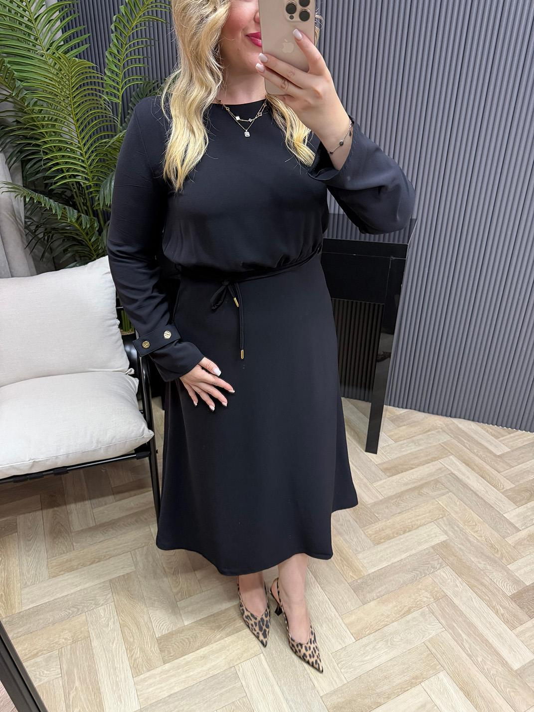 Noren Gold Detaylı Kuşaklı Tasarım Elbise Siyah