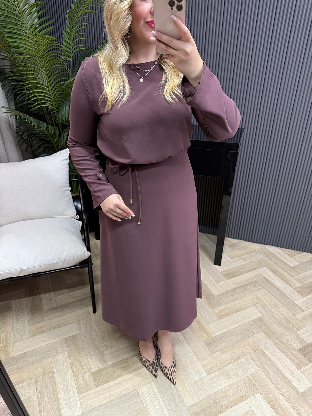 Noren Gold Detaylı Kuşaklı Tasarım Elbise Açık Mürdüm