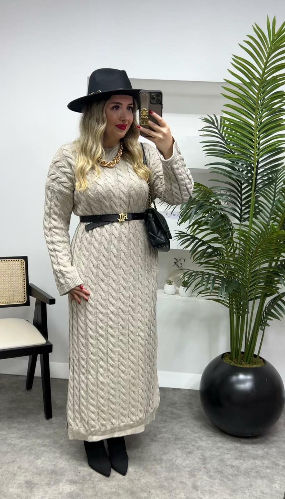 ÖRGÜ DESENLİ TRİKO ELBİSE BEJ