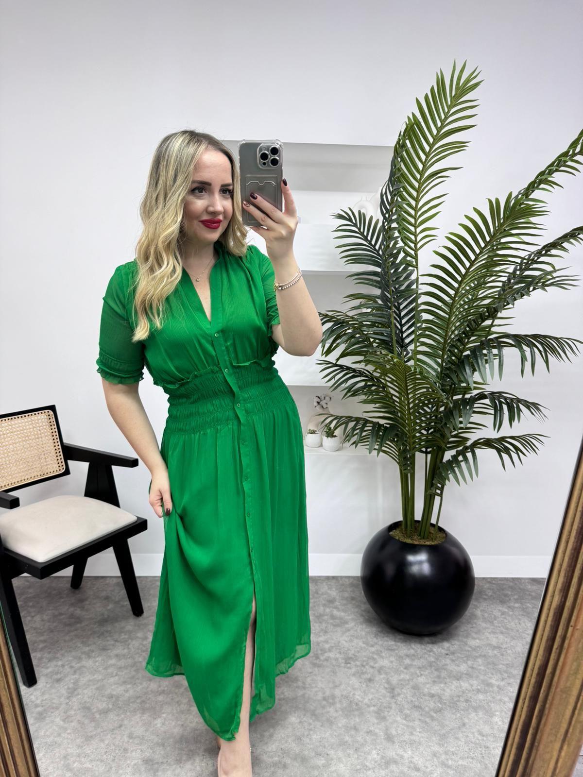 ORJ MARKA BELİ LASTİKLİ ŞİFON ELBİSE YEŞİL