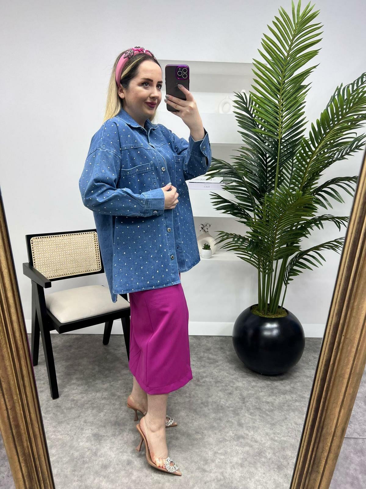 OVERSİZE KALIP TAŞLI TASARIM KOT CEKET MAVİ