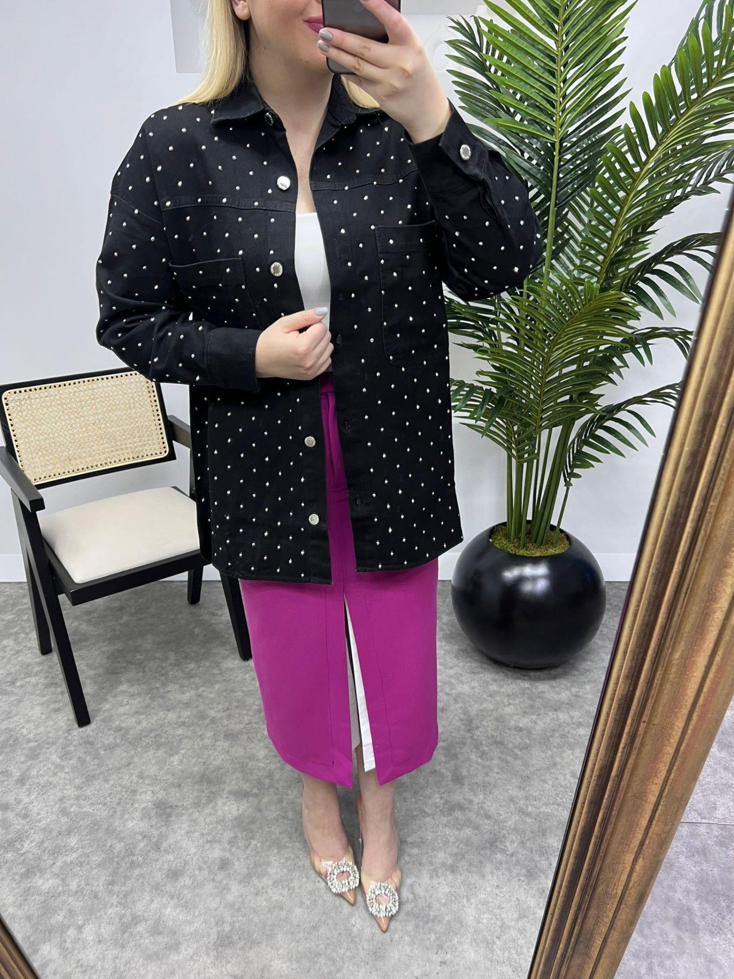 OVERSİZE KALIP TAŞLI TASARIM KOT CEKET SİYAH