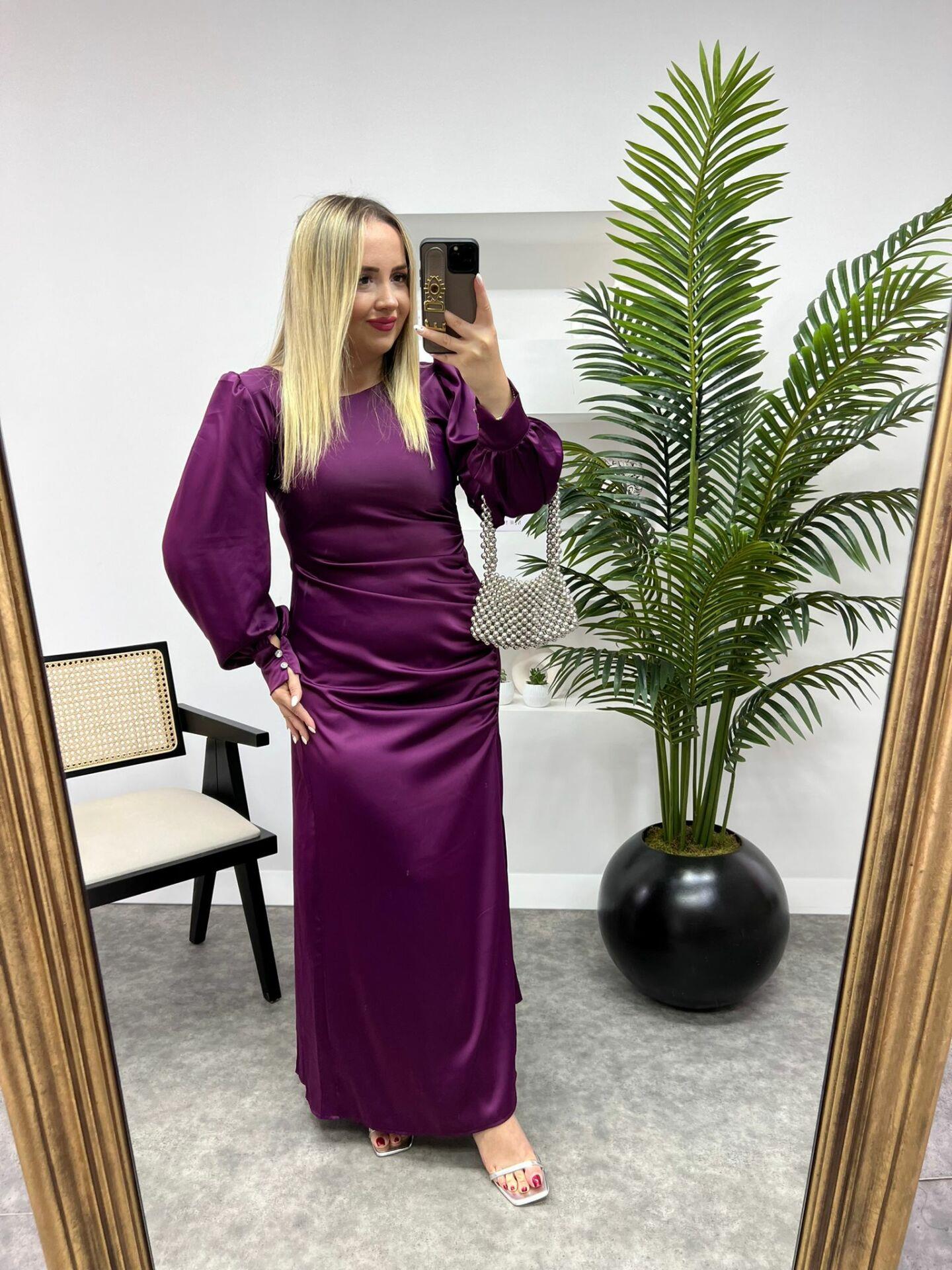 ÖZEL TASARIM VATKALI DRAPELİ MOR SATEN ELBİSE