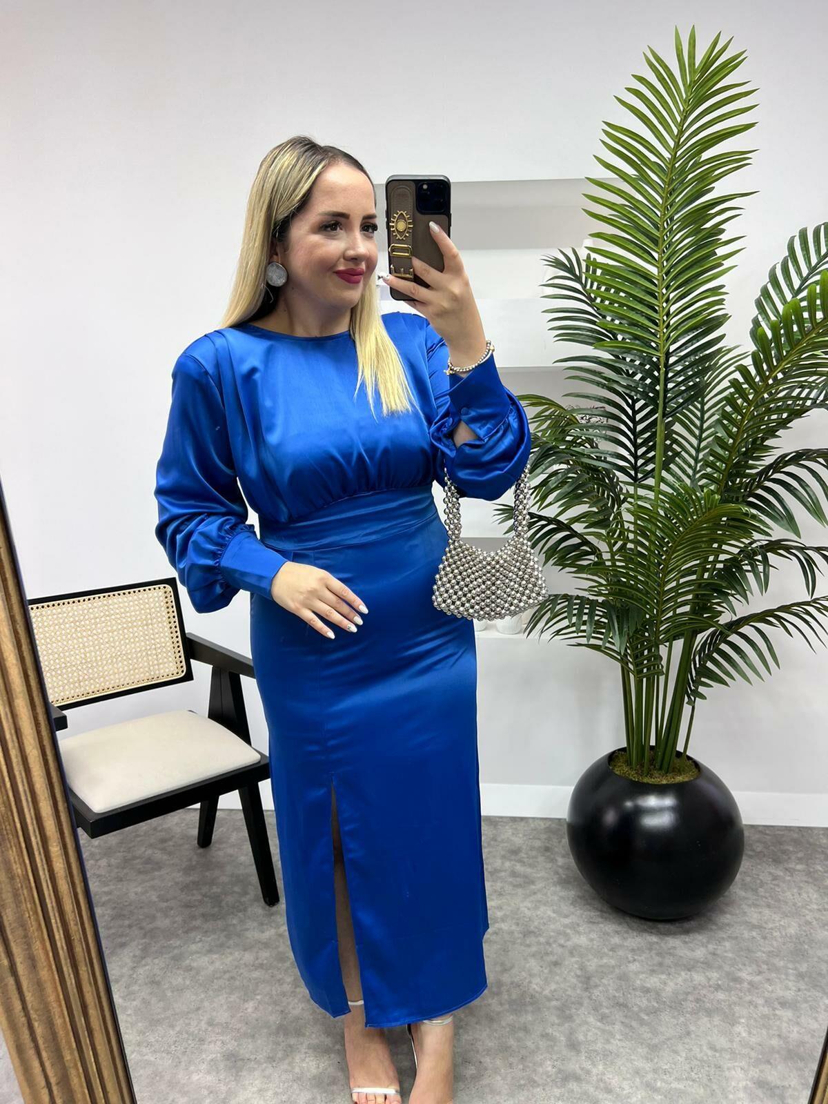 ÖZEL TASARIM VATKALI SAKS SATEN ELBİSE