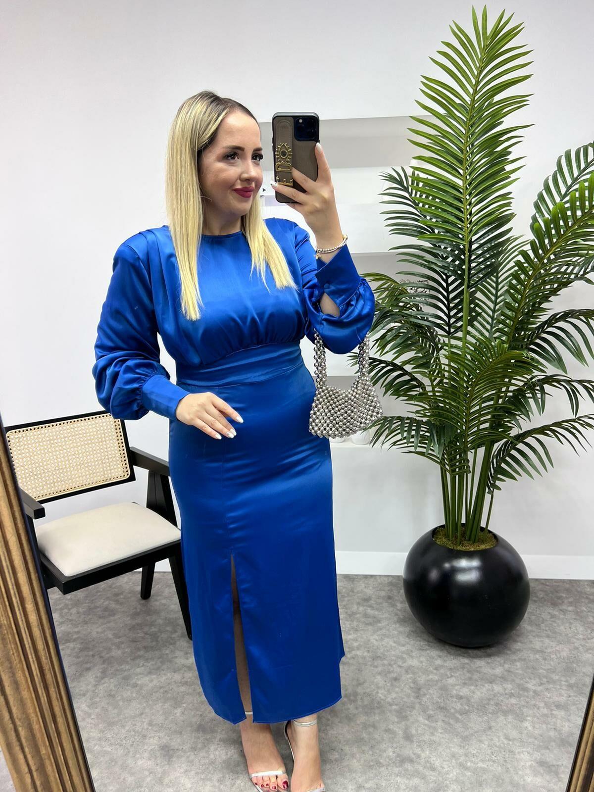 ÖZEL TASARIM VATKALI SAKS SATEN ELBİSE