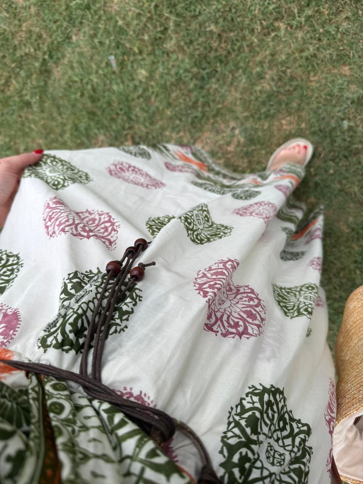 PALMİYE DESENLİ KRUVAZE MODEL KETEN ELBİSE TURUNCU YEŞİL