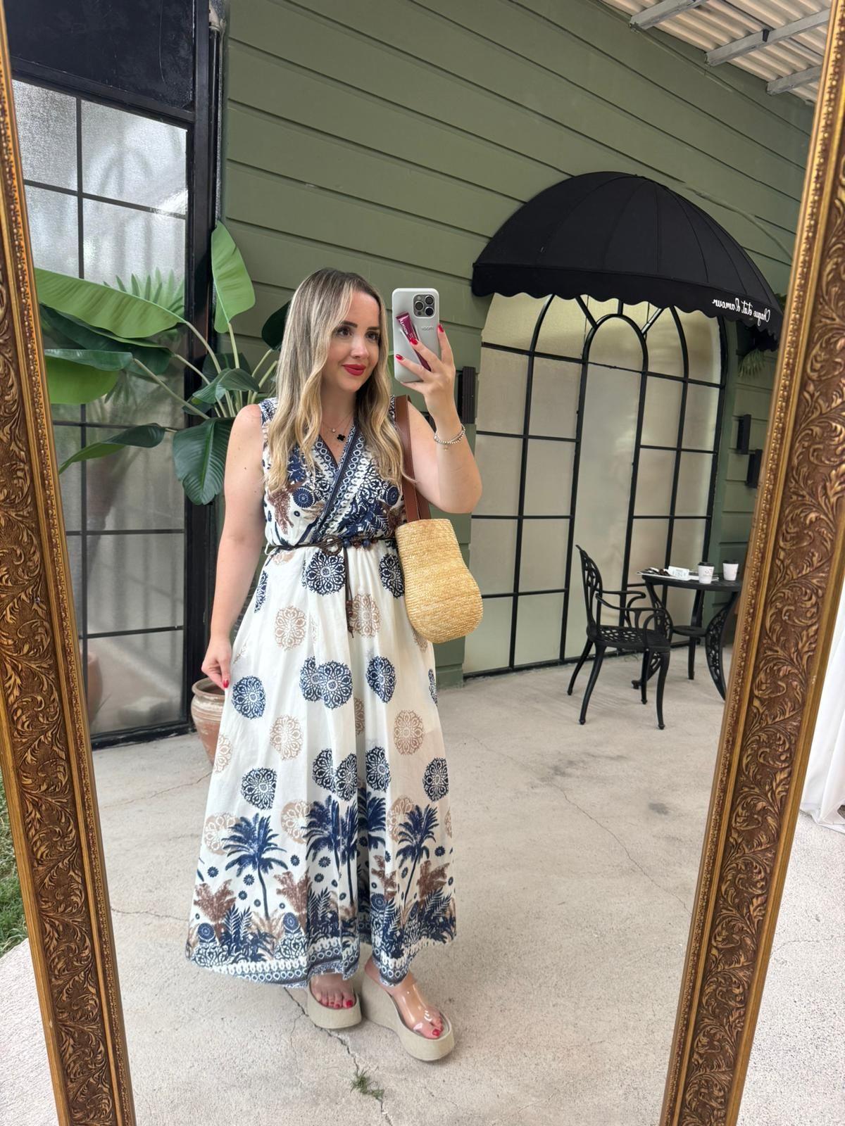 PALMİYE DESENLİ KRUVAZE MODEL KETEN ELBİSE LACİVERT