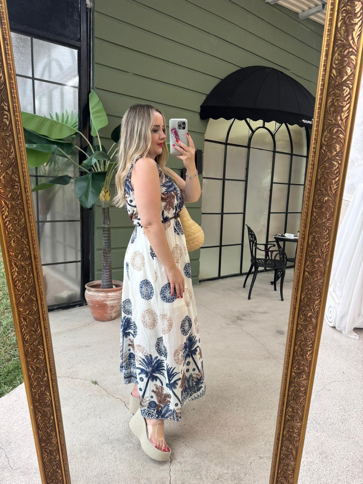 PALMİYE DESENLİ KRUVAZE MODEL KETEN ELBİSE LACİVERT