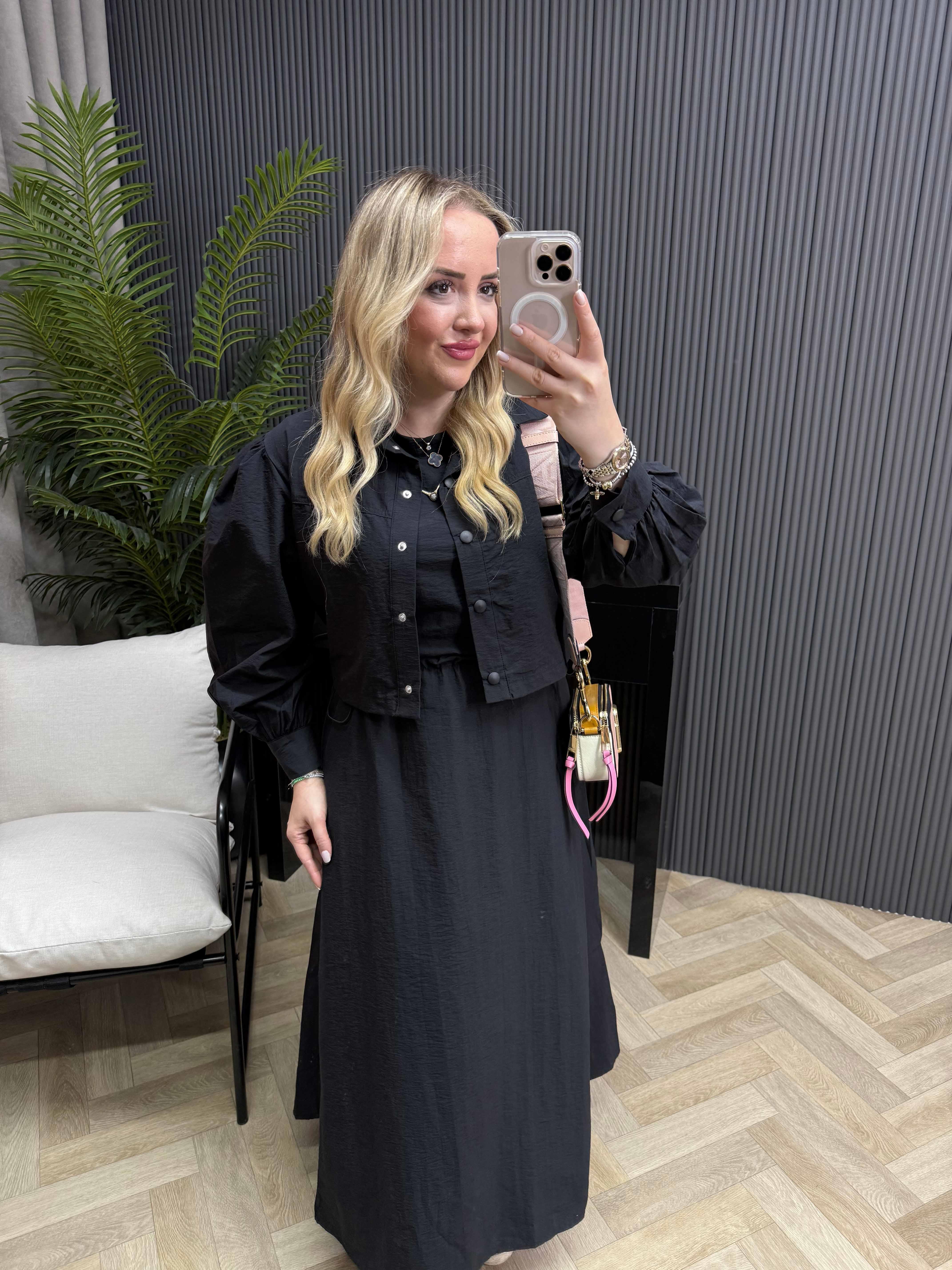 Palmiye Paraşüt Kumaş Ceketli Elbiseli Takım Siyah