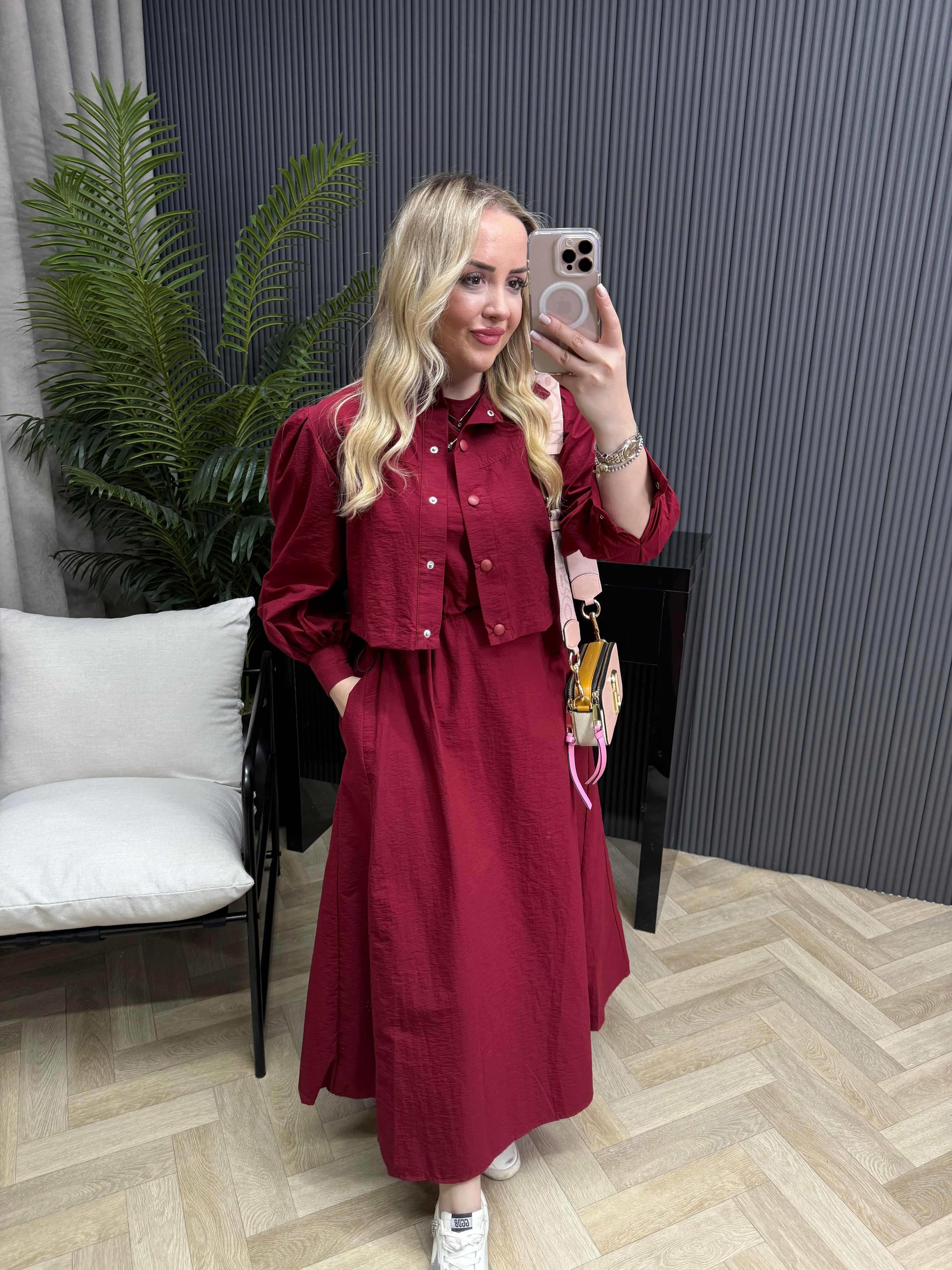 Palmiye Paraşüt Kumaş Ceketli Elbiseli Takım Bordo