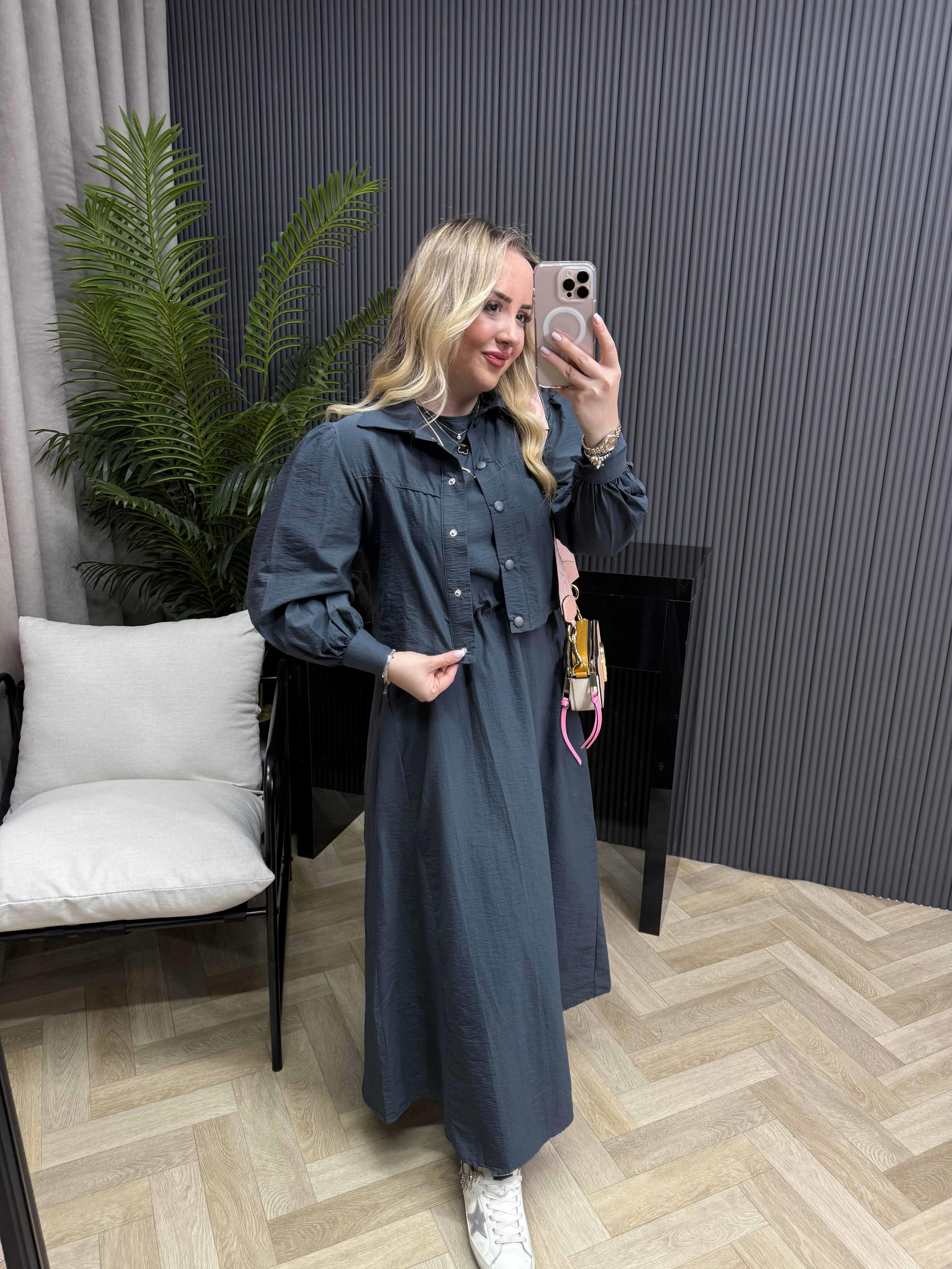 Palmiye Paraşüt Kumaş Ceketli Elbiseli Takım Antrasit