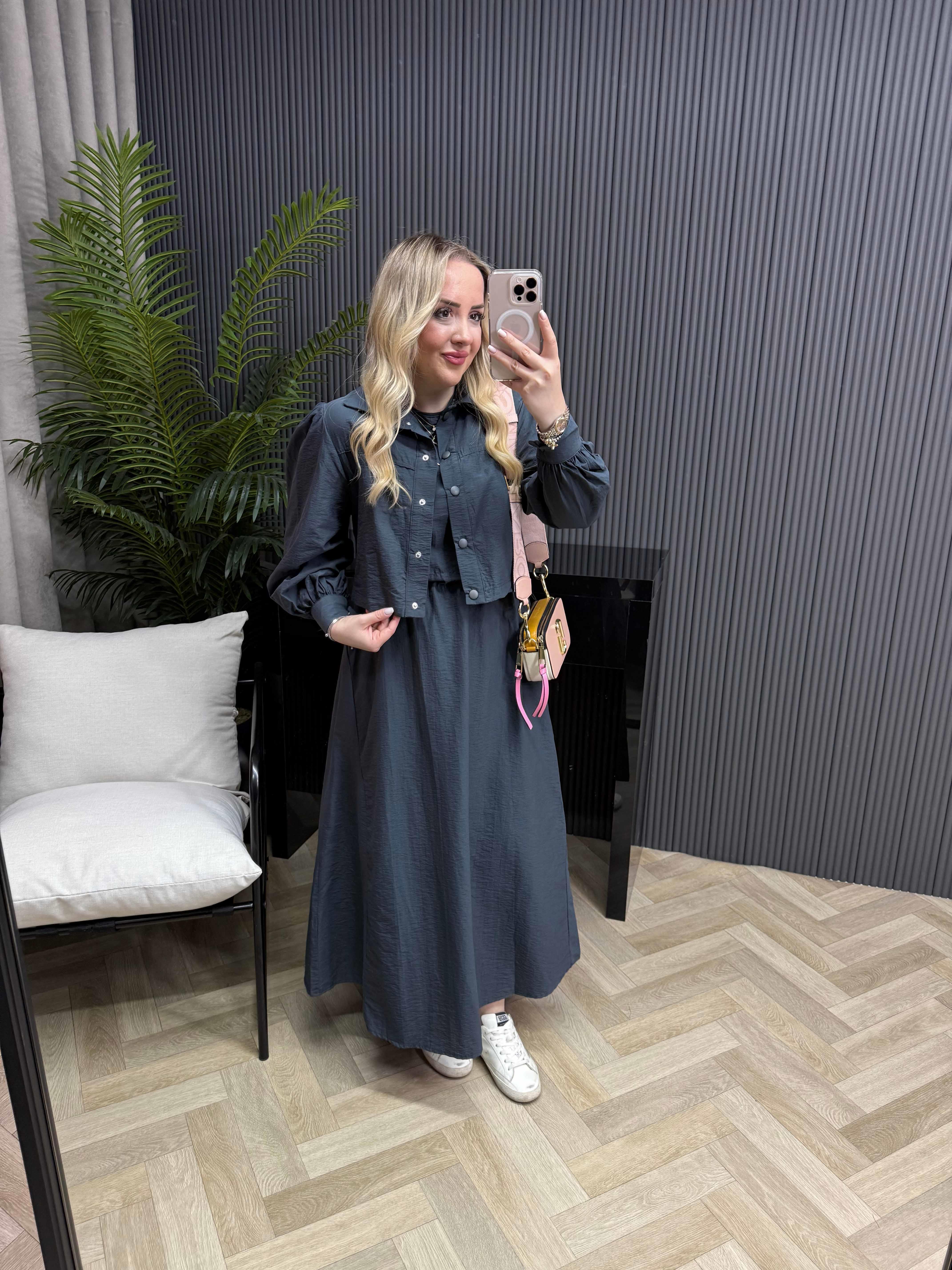 Palmiye Paraşüt Kumaş Ceketli Elbiseli Takım Antrasit