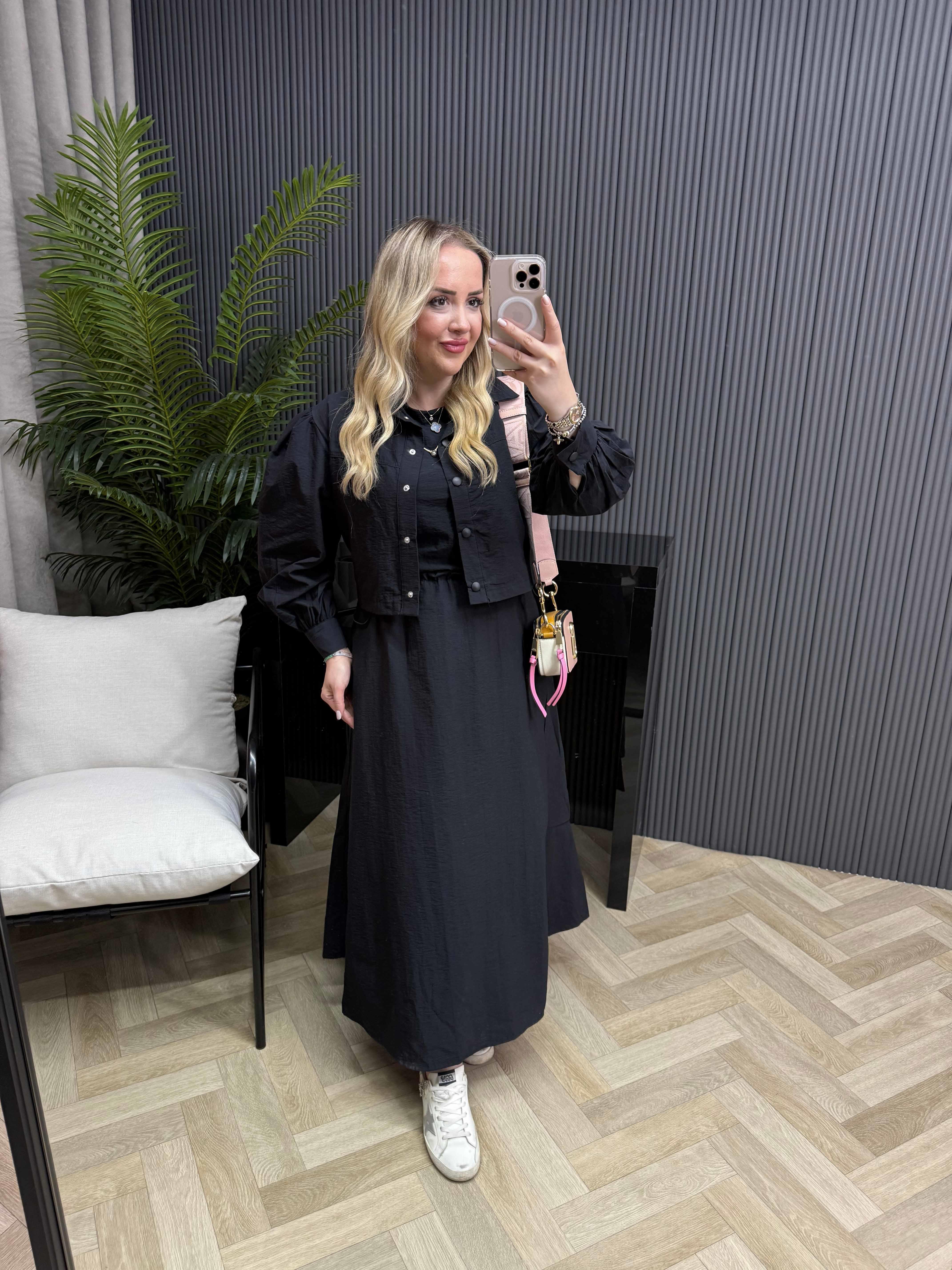 Palmiye Paraşüt Kumaş Ceketli Elbiseli Takım Siyah