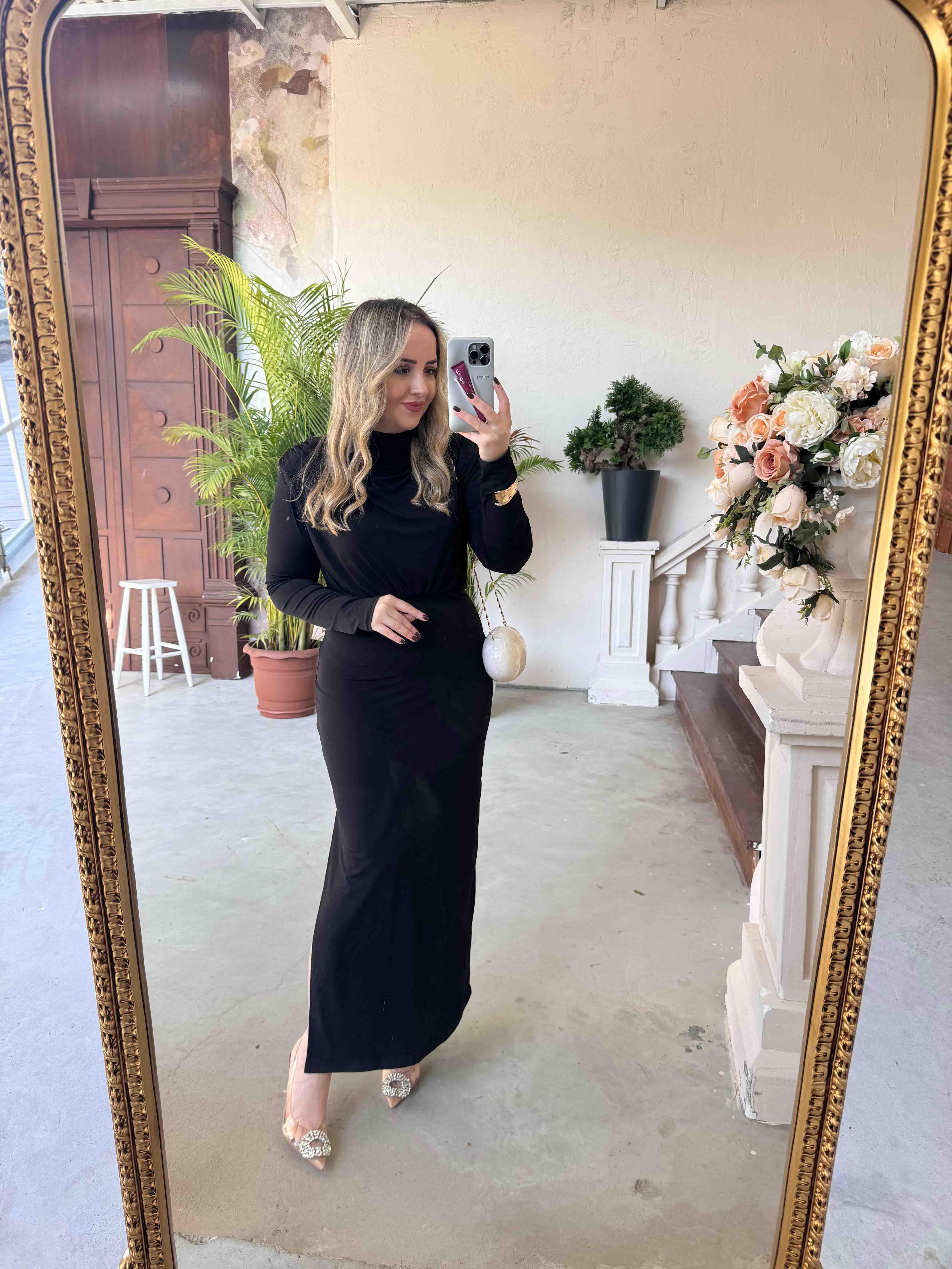 PAMELA VATKALI DEGAJE YAKA TASARIM ELBİSE SİYAH