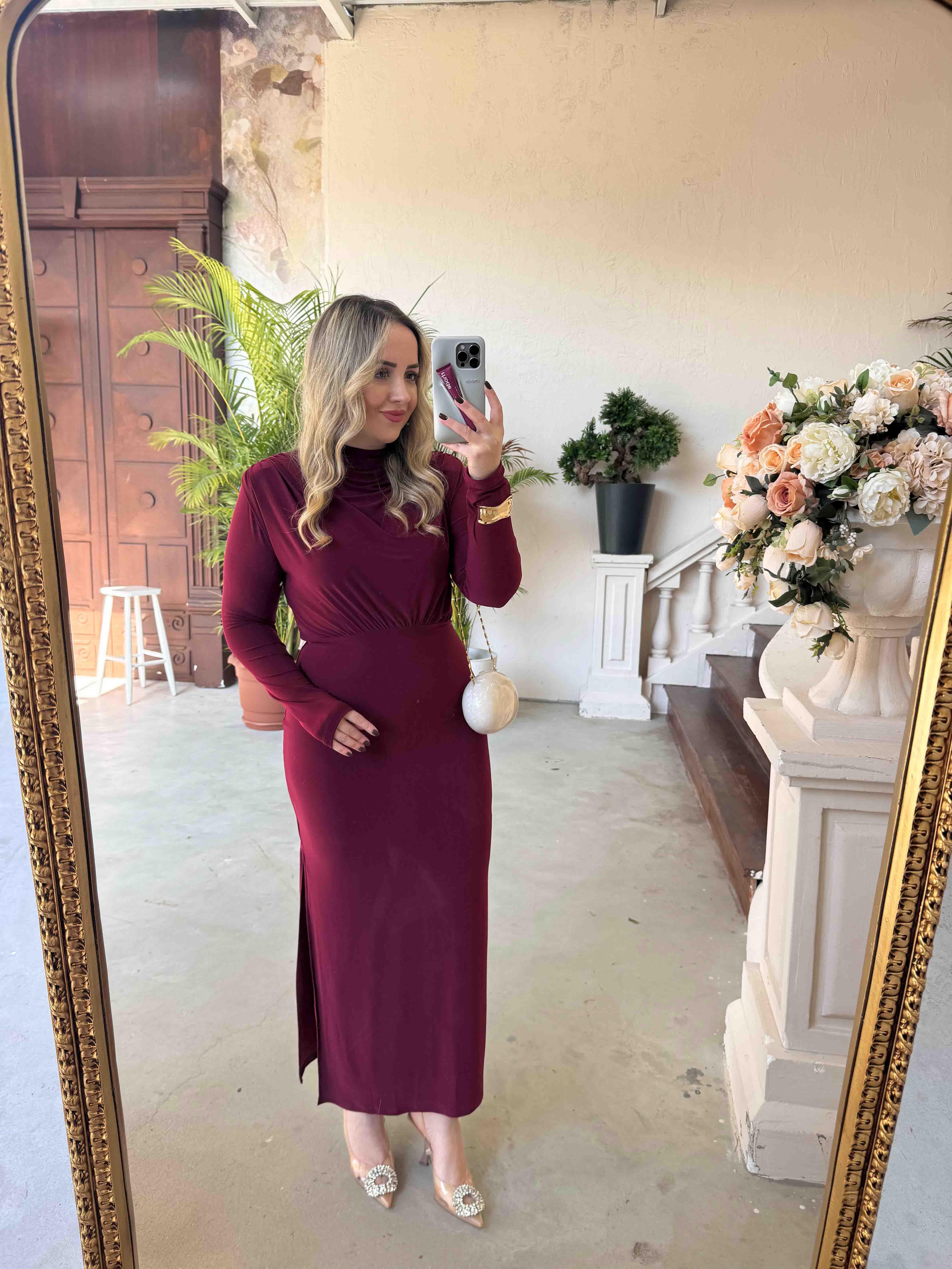 PAMELA VATKALI DEGAJE YAKA TASARIM ELBİSE BORDO