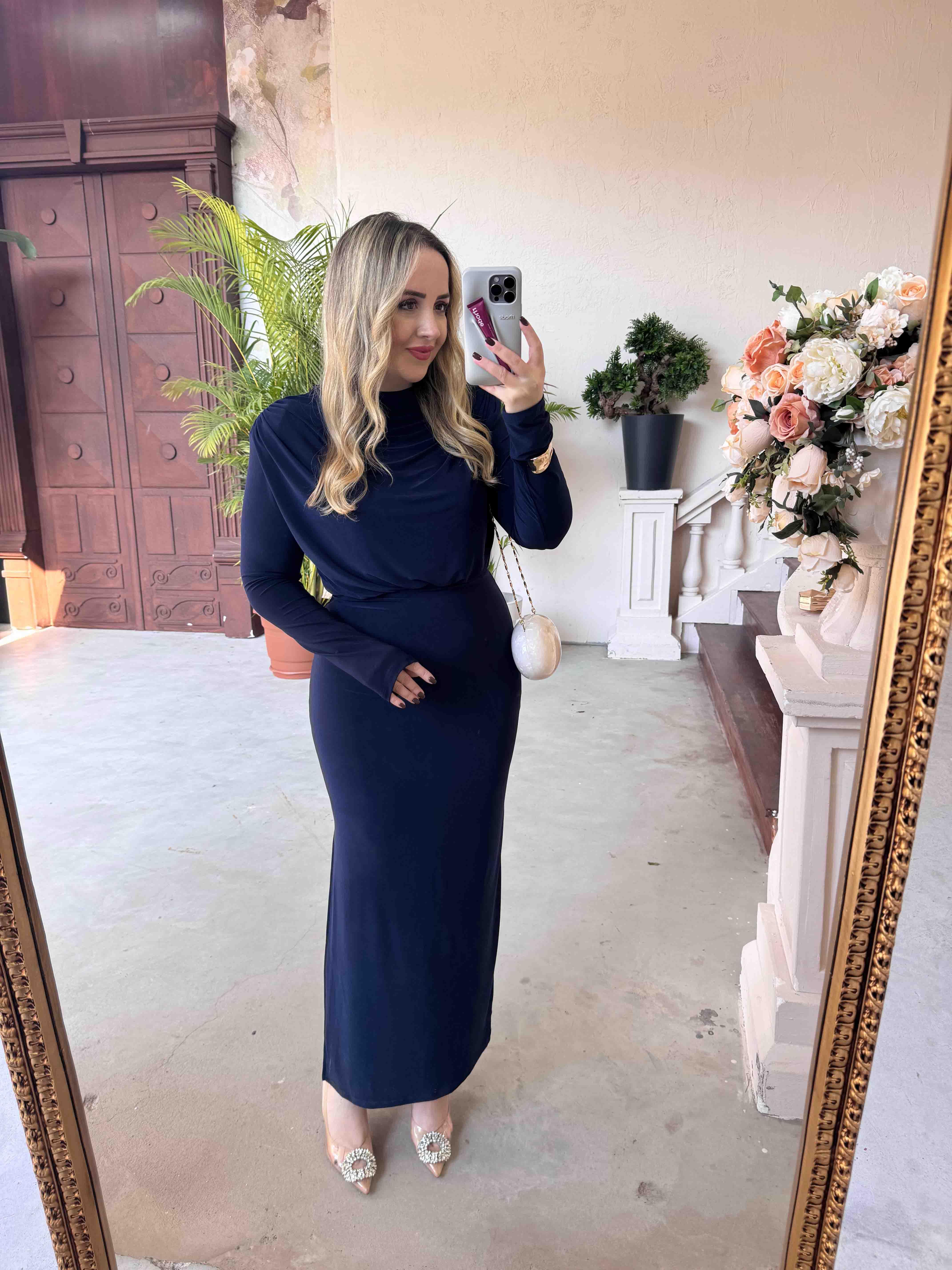 PAMELA VATKALI DEGAJE YAKA TASARIM ELBİSE LACİVERT