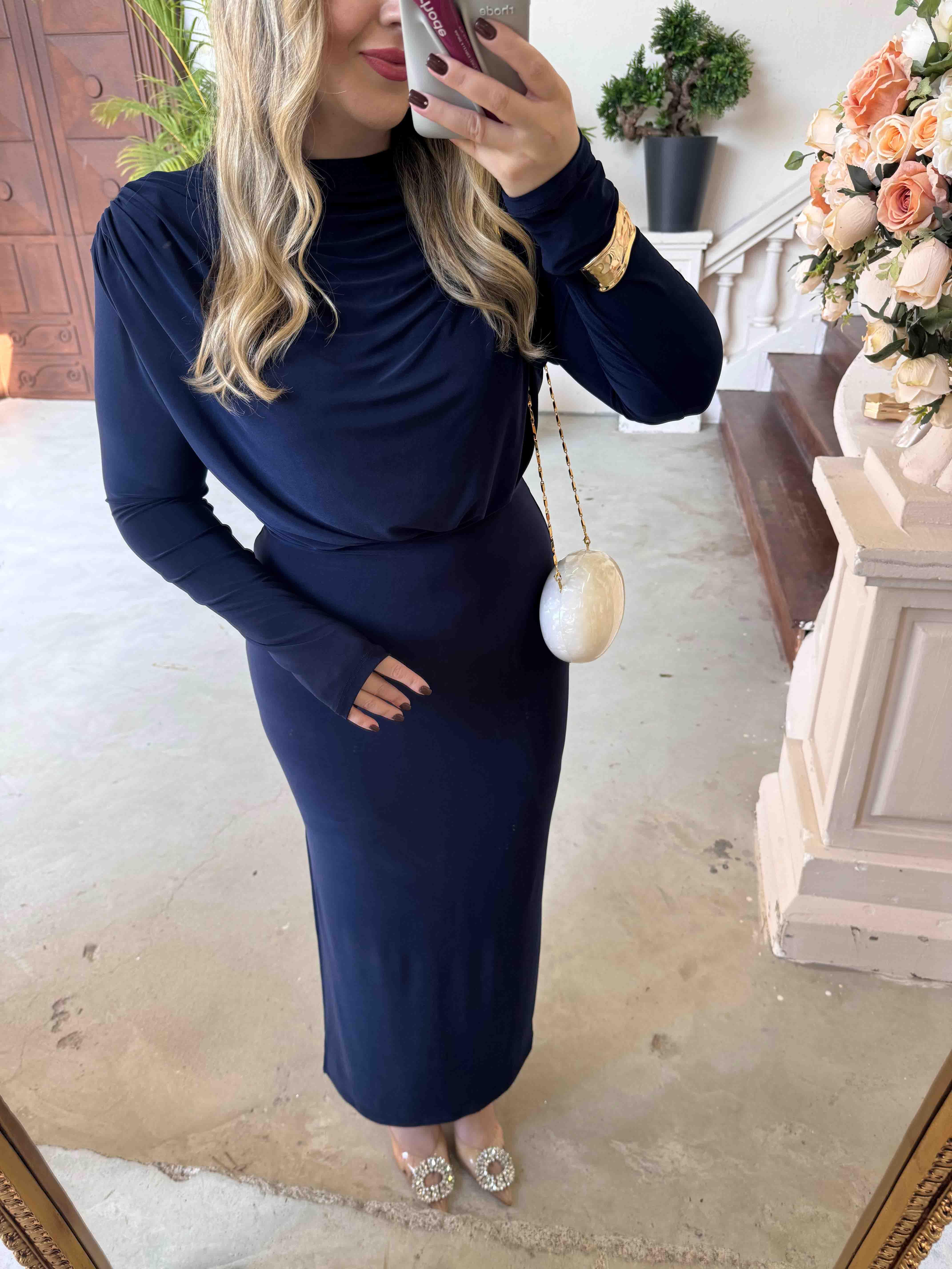 PAMELA VATKALI DEGAJE YAKA TASARIM ELBİSE LACİVERT