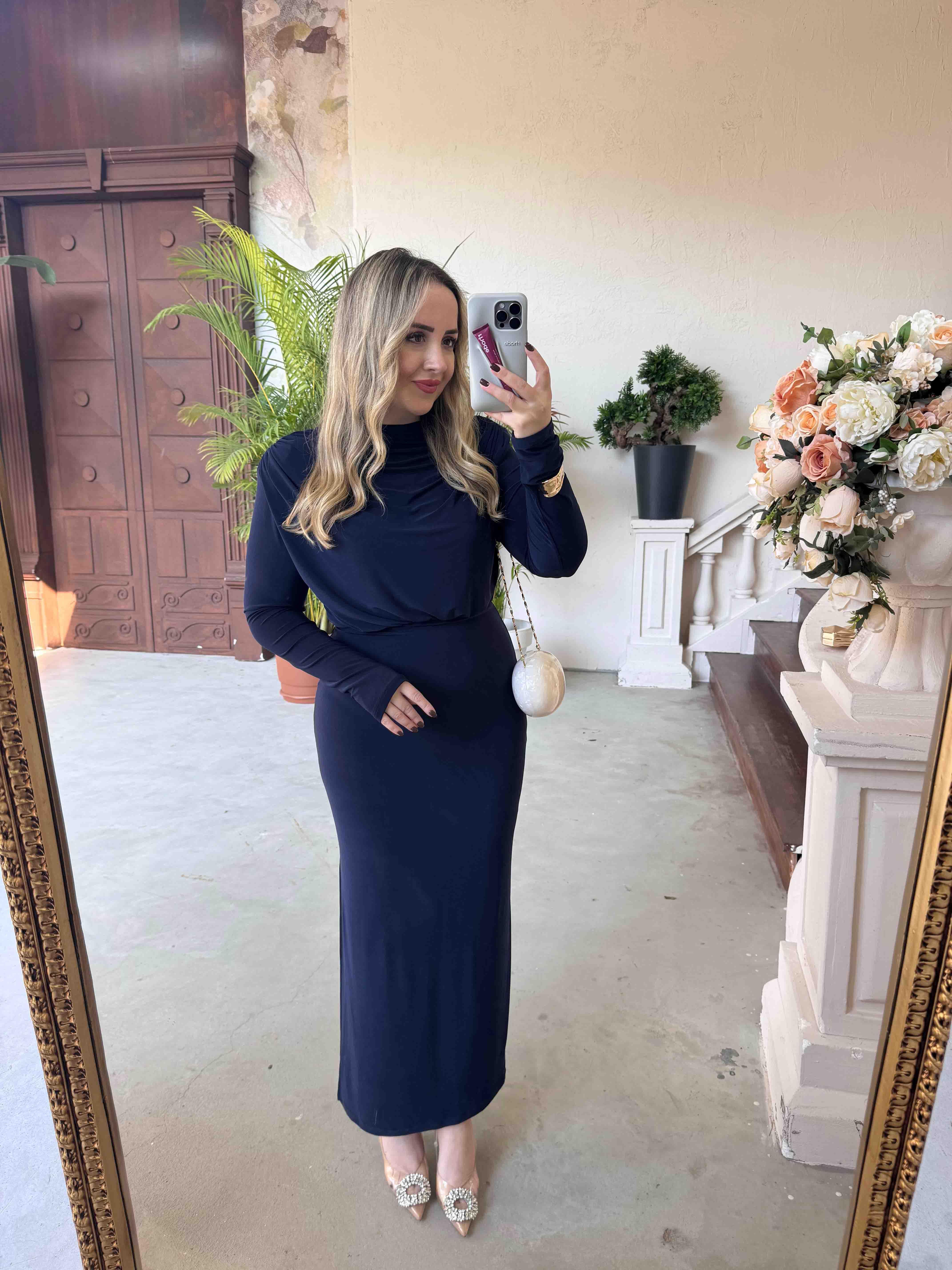 PAMELA VATKALI DEGAJE YAKA TASARIM ELBİSE LACİVERT