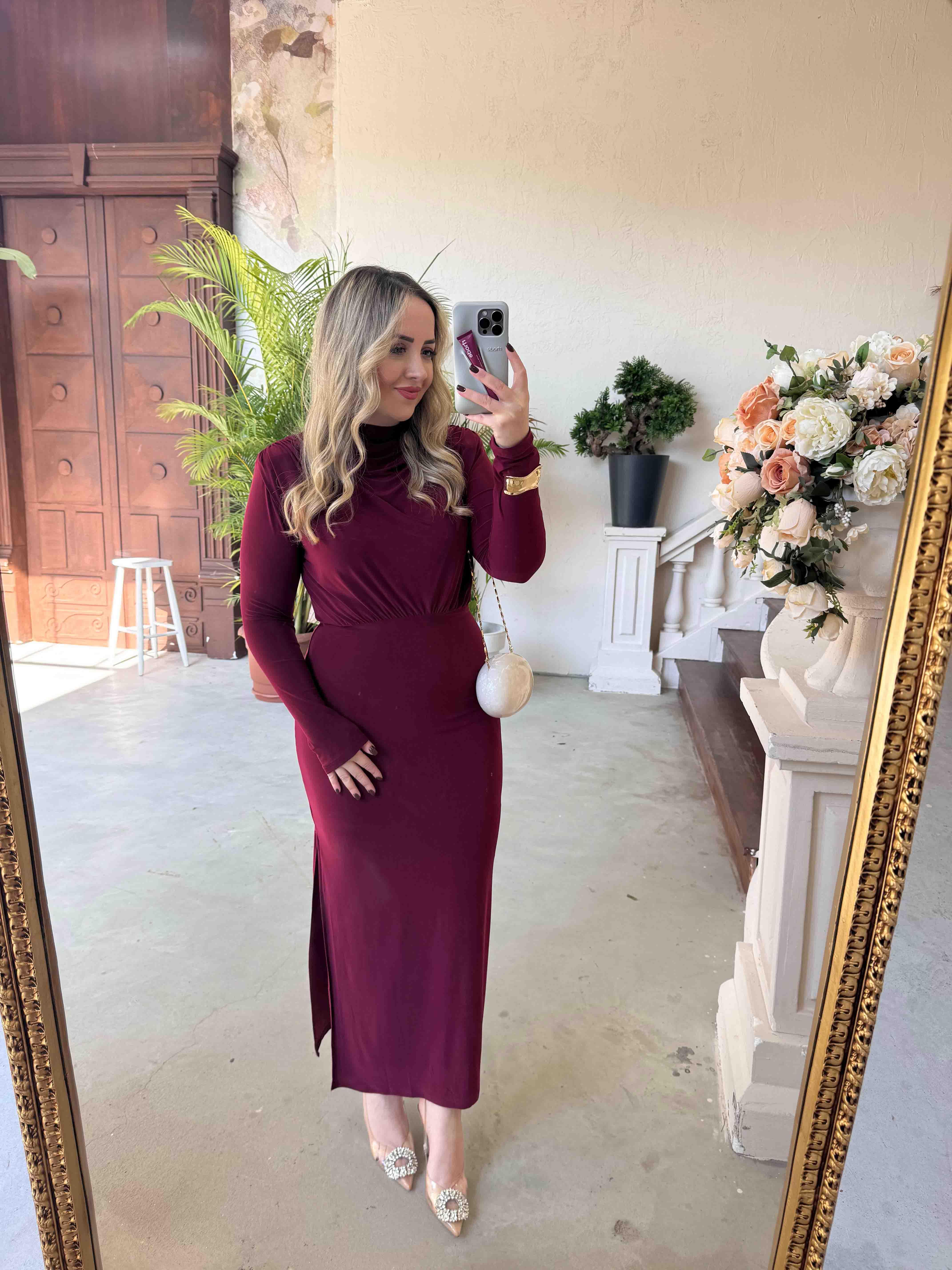 PAMELA VATKALI DEGAJE YAKA TASARIM ELBİSE BORDO