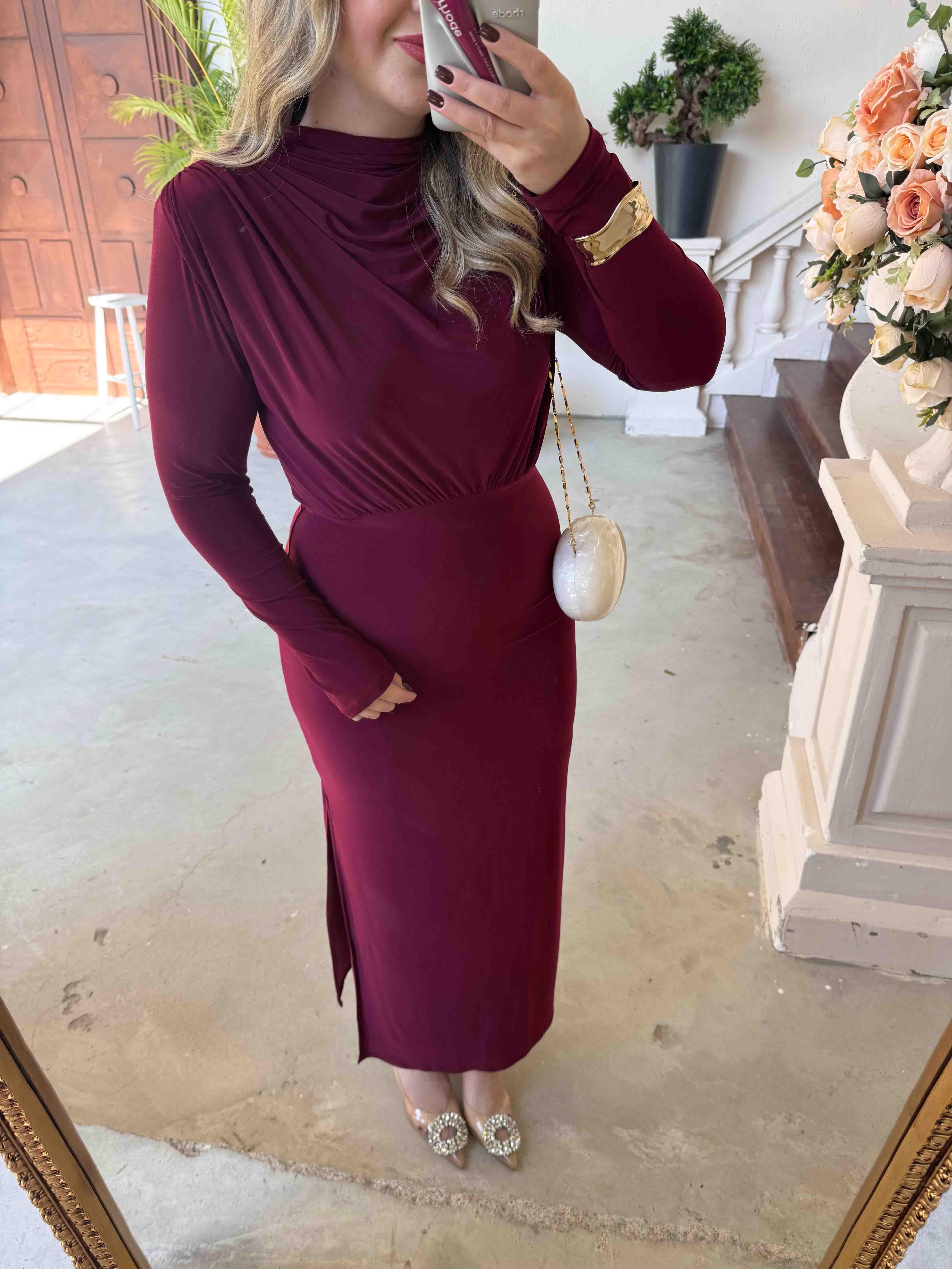 PAMELA VATKALI DEGAJE YAKA TASARIM ELBİSE BORDO