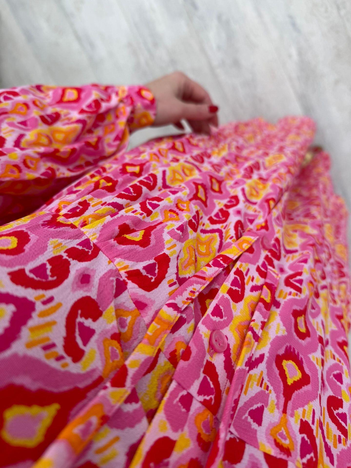PEMBE- SARİ DESENLİ GÖMLEK ELBİSE