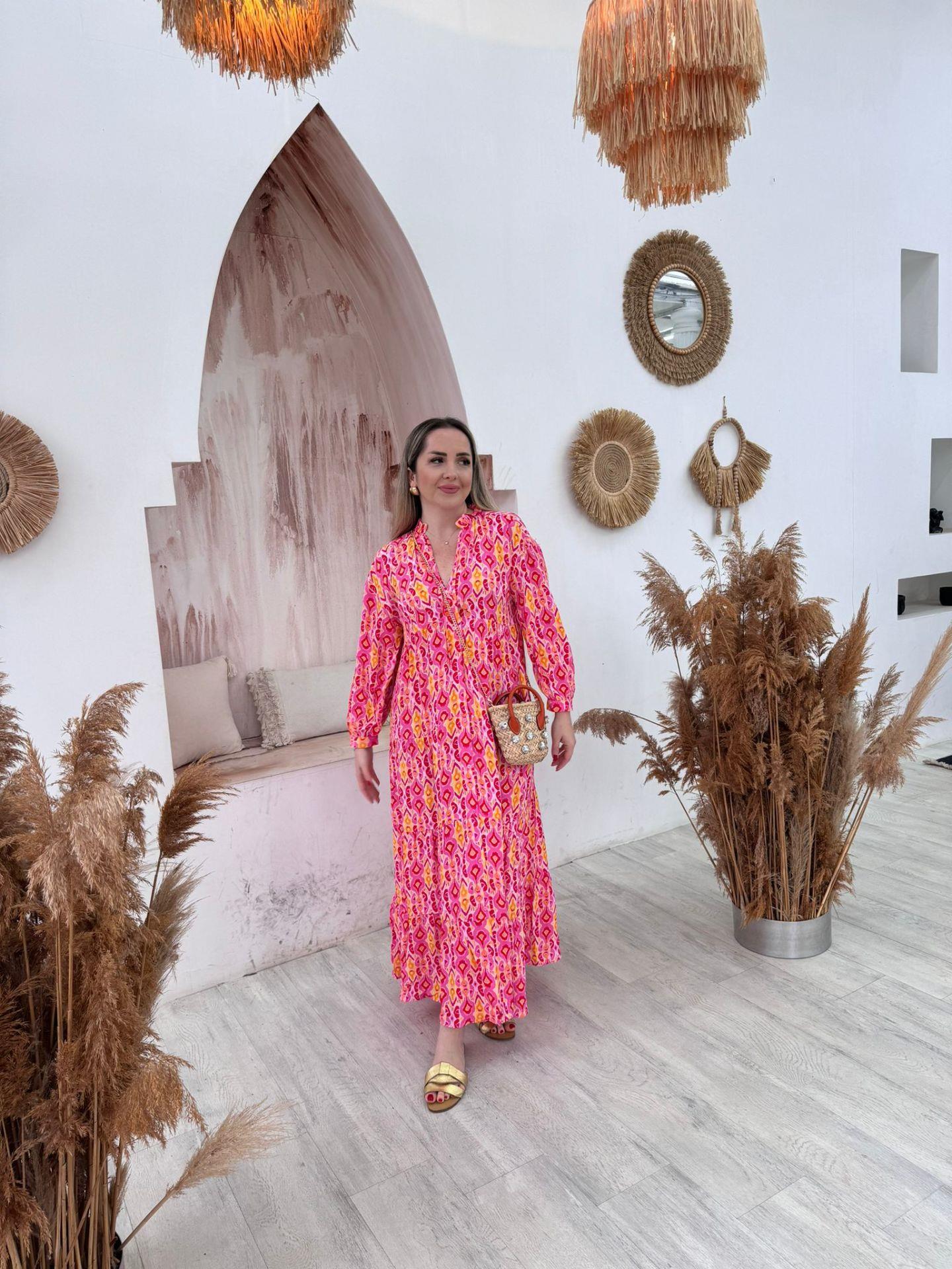 PEMBE- SARİ DESENLİ GÖMLEK ELBİSE