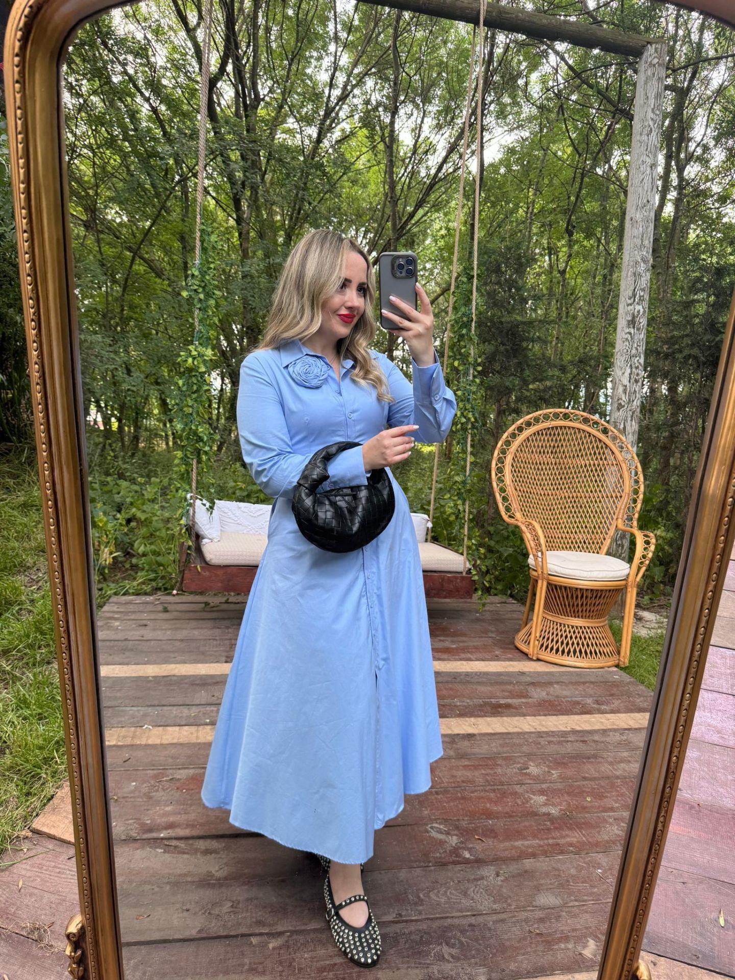 PREMİUM FK TASARIM GÜL DETAYLI ELBİSE MAVİ