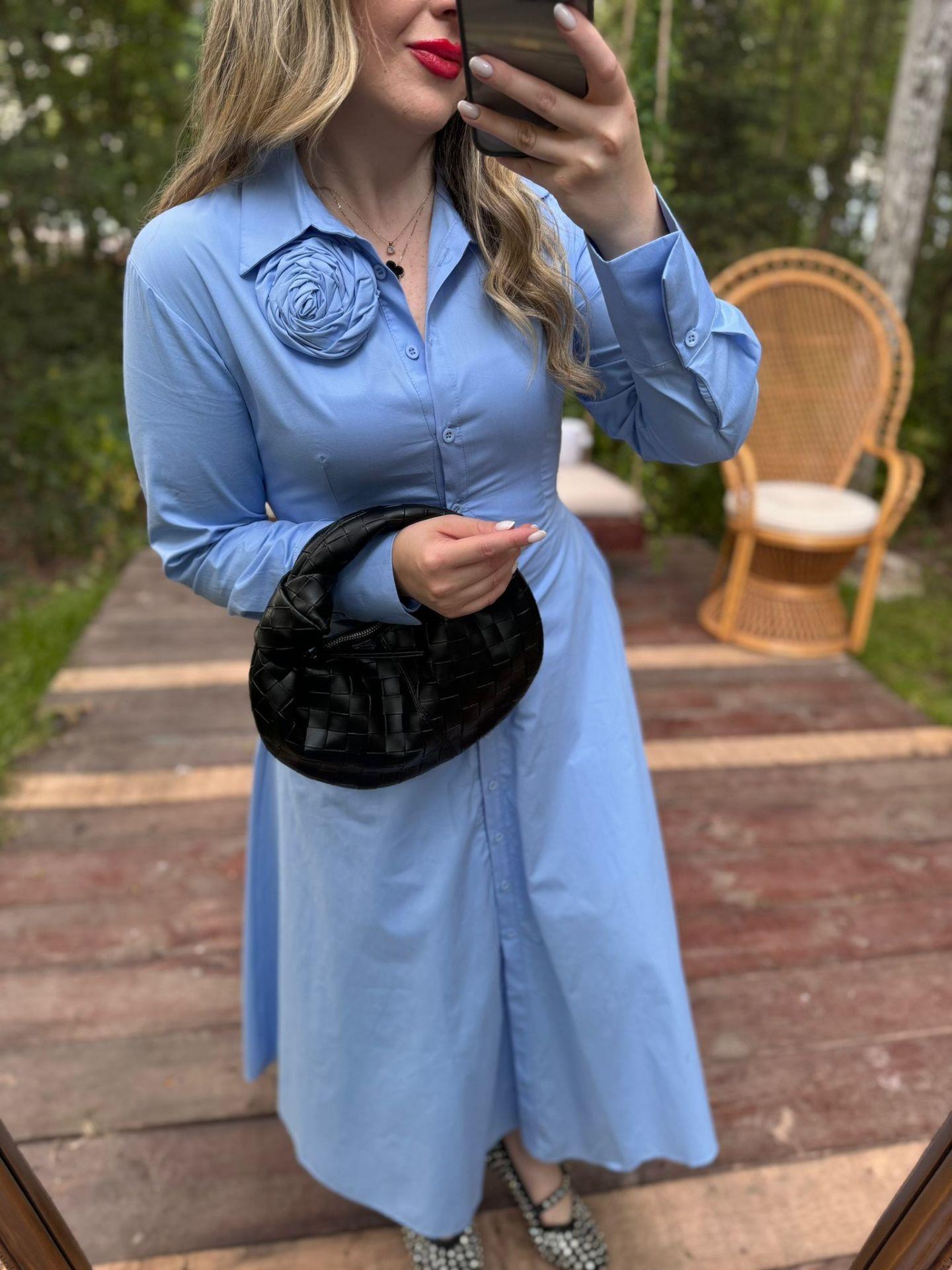 PREMİUM FK TASARIM GÜL DETAYLI ELBİSE MAVİ