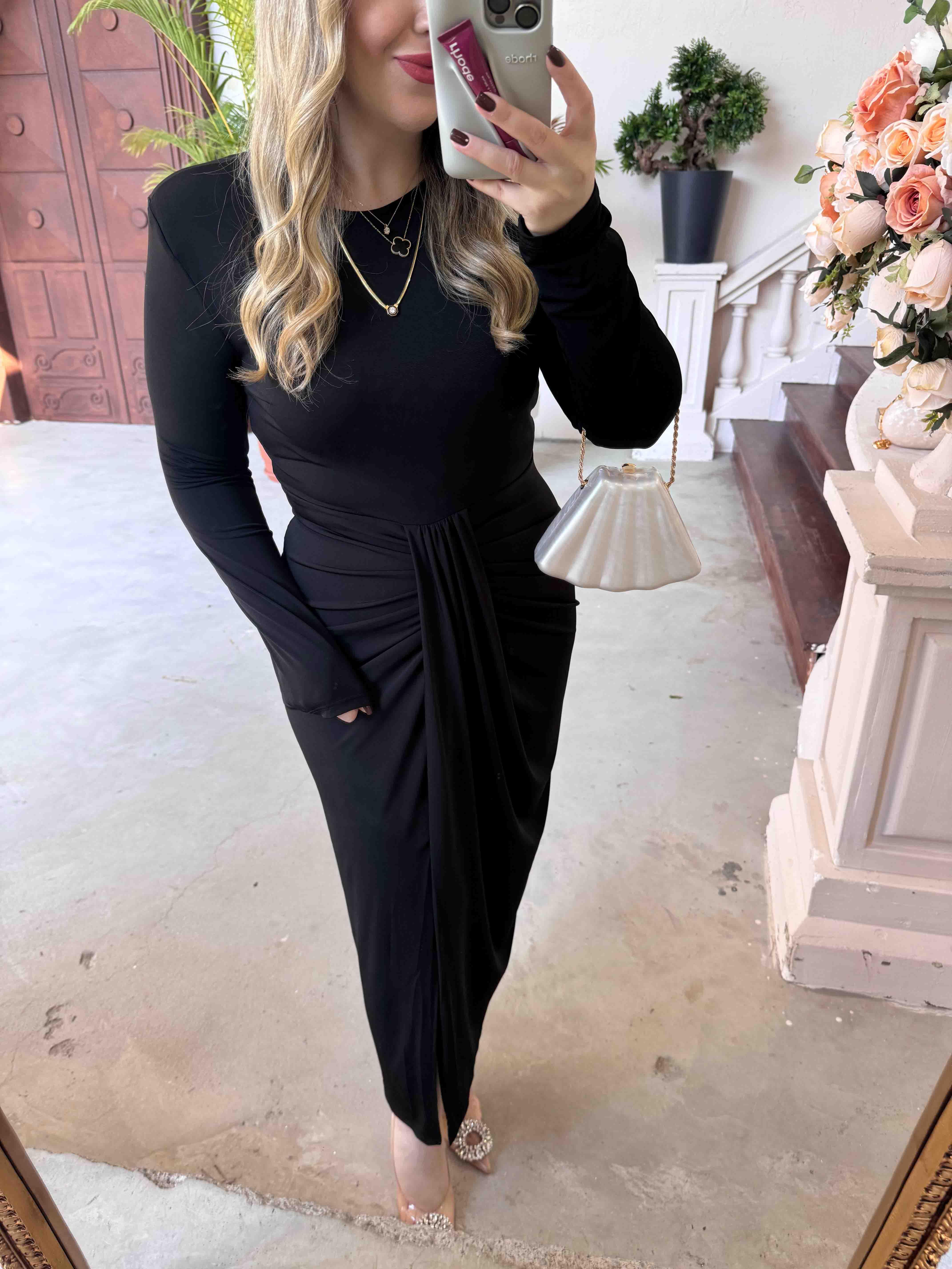 ROSE DÜĞÜM DETAYLI VATKALI TASARIM ELBİSE SİYAH