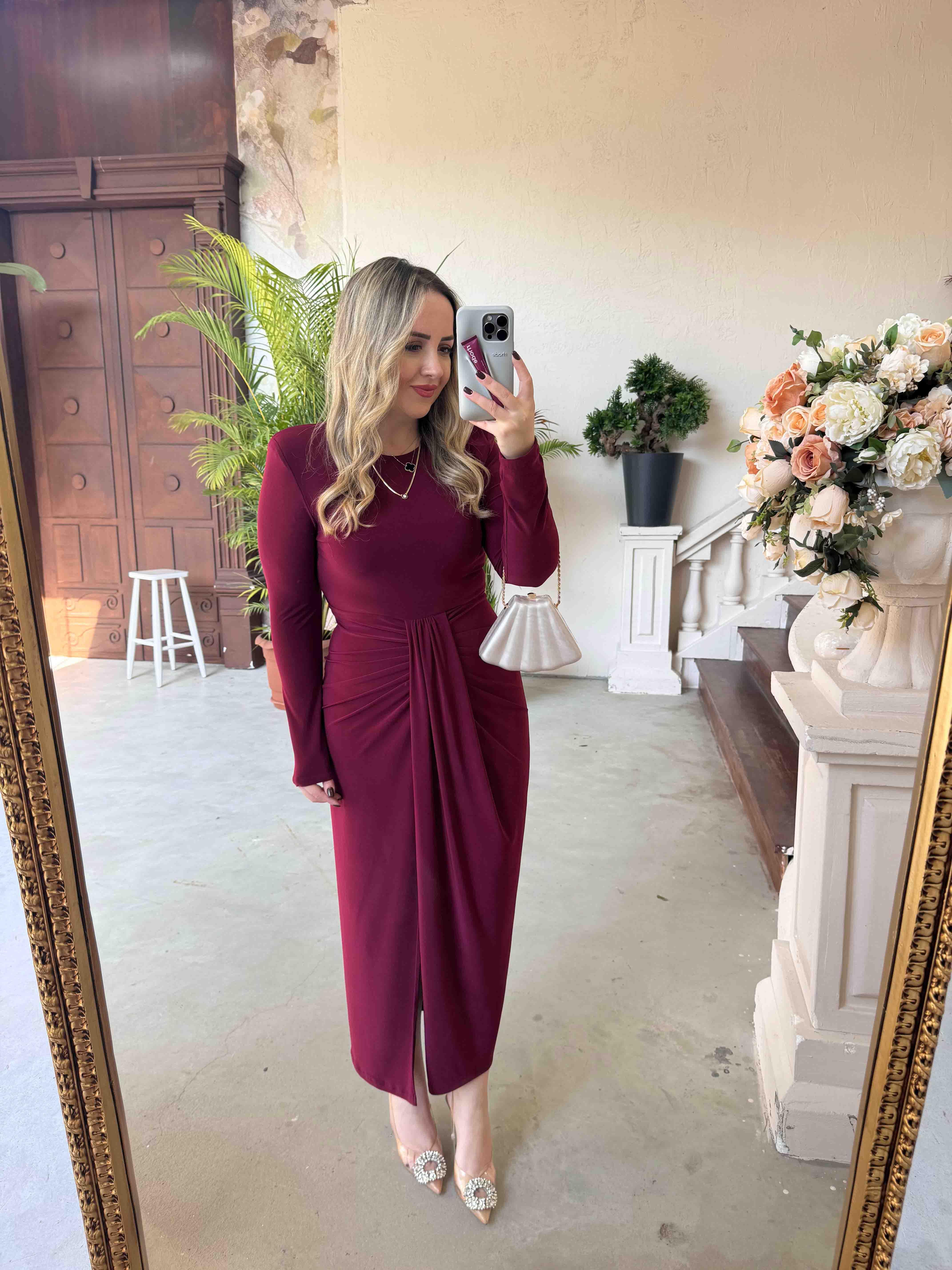 ROSE DÜĞÜM DETAYLI VATKALI TASARIM ELBİSE BORDO