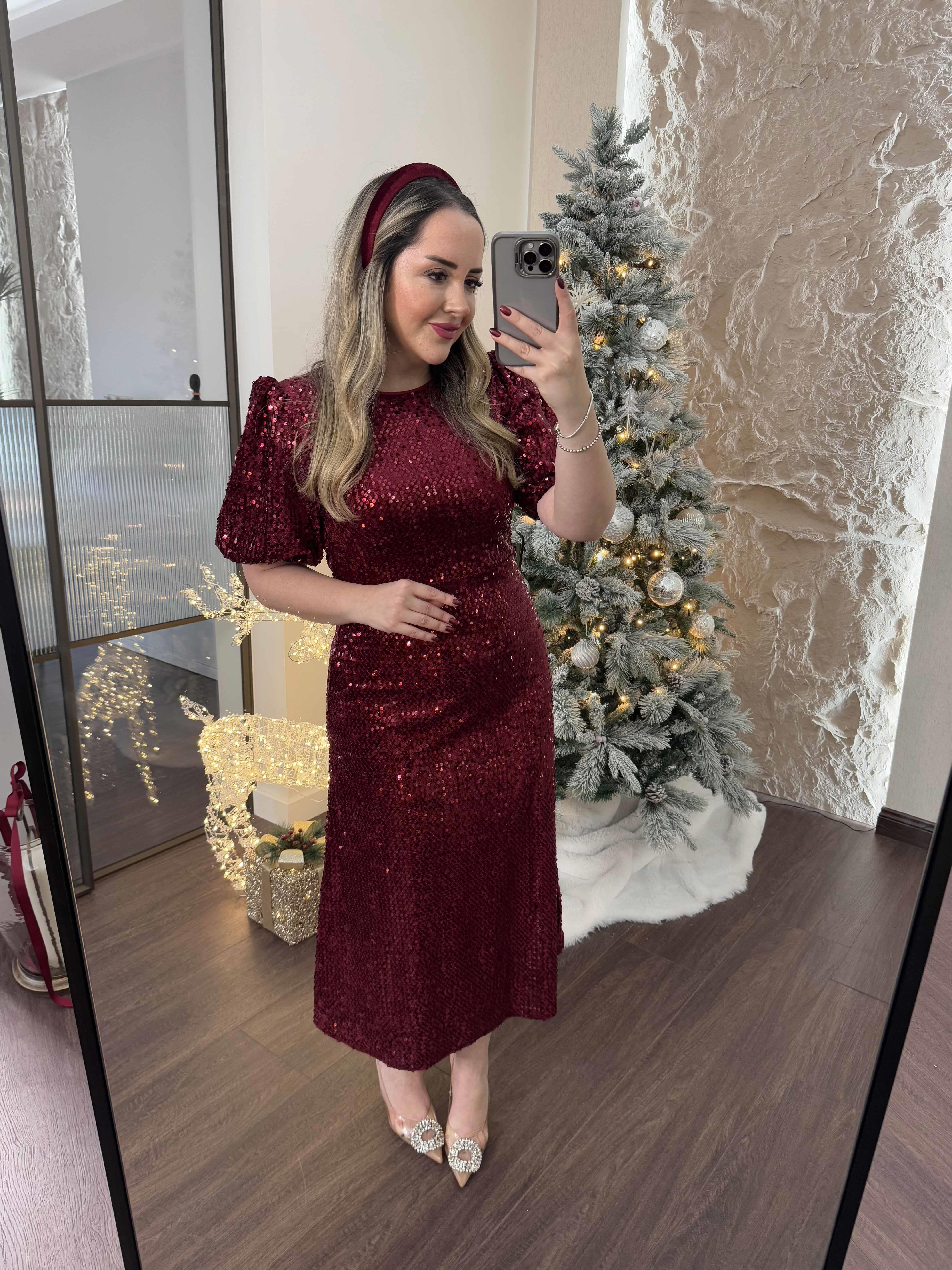 Sandra Payet Balon Kol Midi Tasarım Payet Elbise Bordo