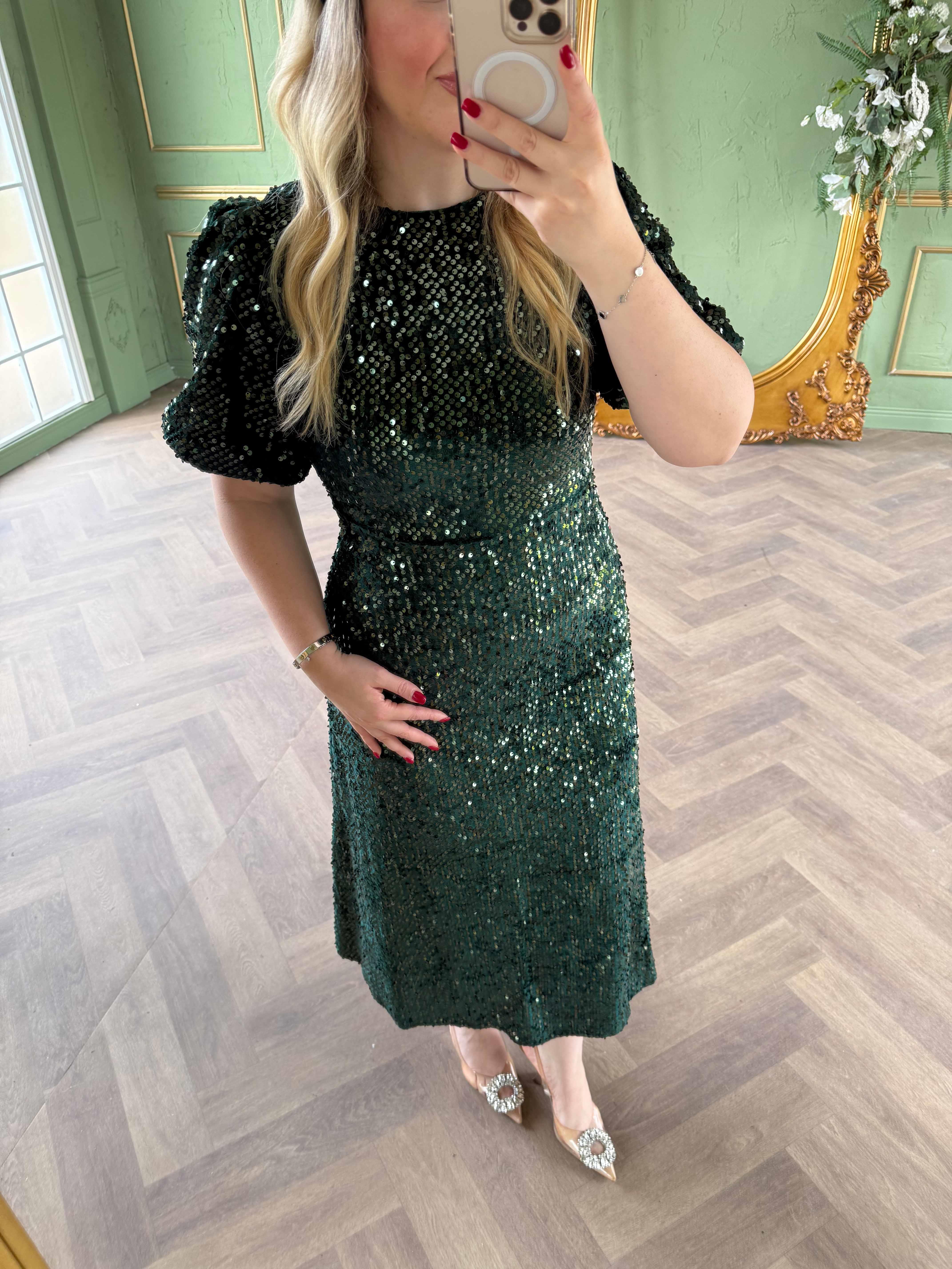 Sandra Payet Balon Kol Midi Tasarım Payet Elbise Zümrüt