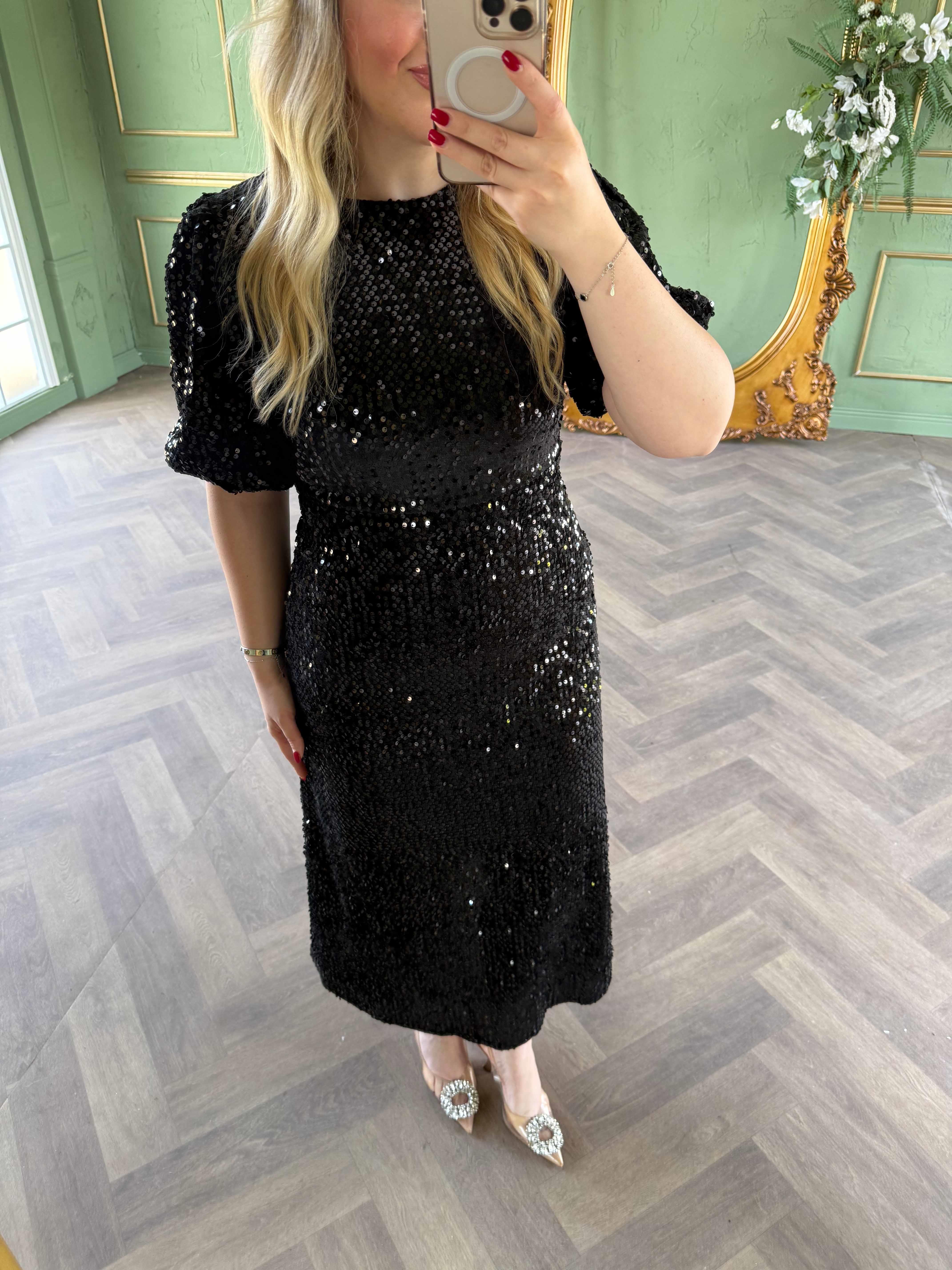 Sandra Payet Balon Kol Midi Tasarım Payet Elbise Siyah