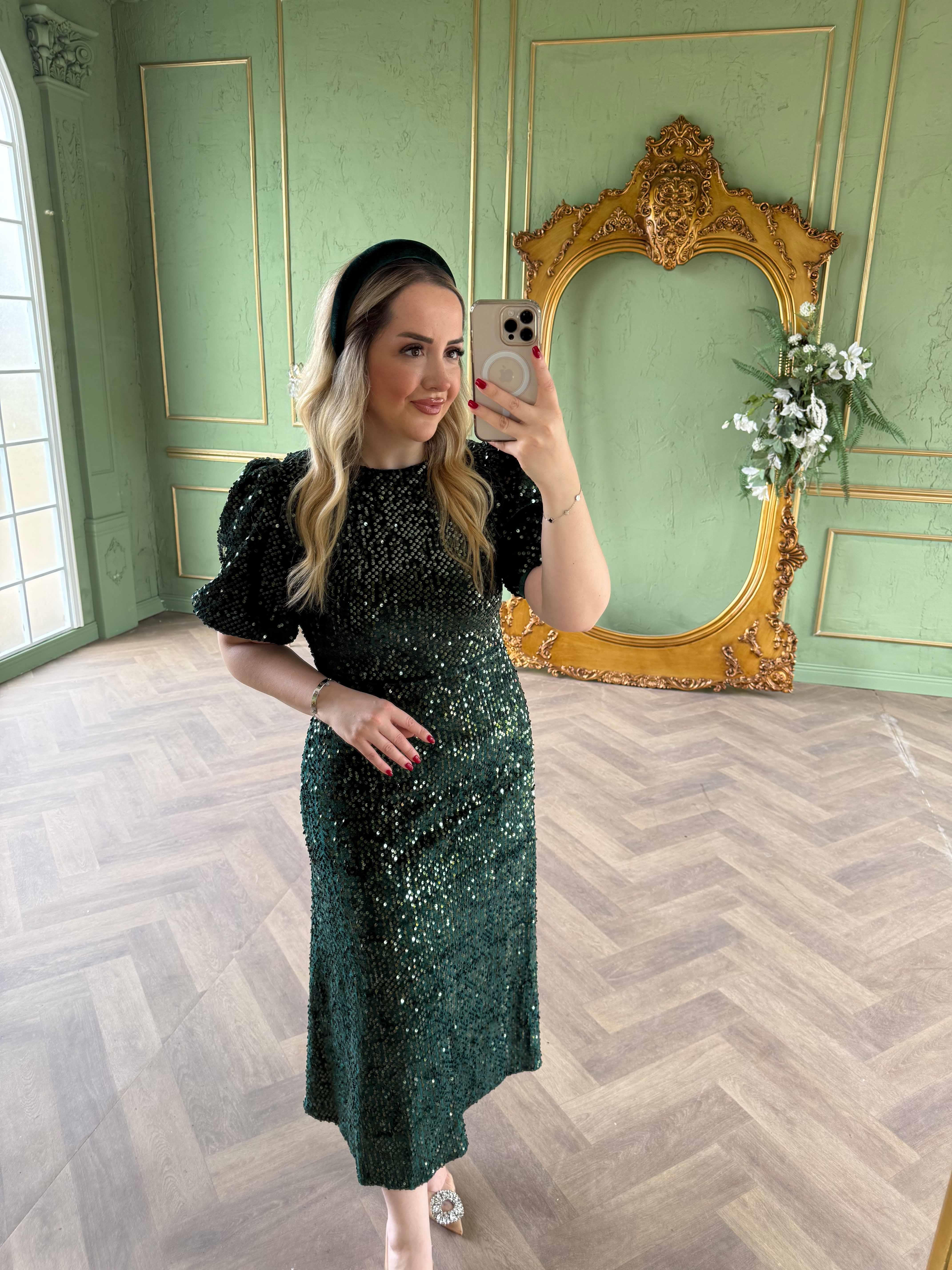 Sandra Payet Balon Kol Midi Tasarım Payet Elbise Zümrüt